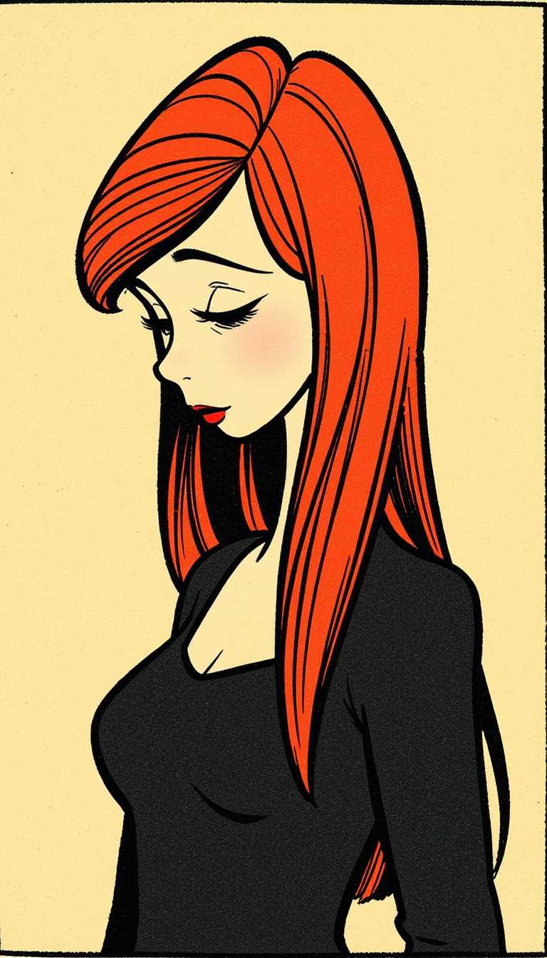 This image is a vibrant color vintage comic strip panel. The art style is reminiscent of early 20thcentury American comic strips, with bold lines and simple shading. The medium appears to be ink on paper, given the texture and the way the ink bleeds through the paper in some areas.The subject of the image is a retro cartoon female figure. Her hair flows elegantly down her back, with a distinct shadow cast on the right side, suggesting a light source coming from the left. The hair is drawn with long, sweeping strokes that give a sense of movement and volume.The figure is wearing a dark top, with the neckline and collarbone visible. The top is depicted with a simple, clean line that outlines the shape of the garment, without any additional detail or texture.The overall mood of the image is contemplative or introspective, suggested by the downward gaze of the figure and the lack of any other objects or characters in the frame. The simplicity of the composition, with its focus on the figure and her hair, creates a sense of elegance and poise.