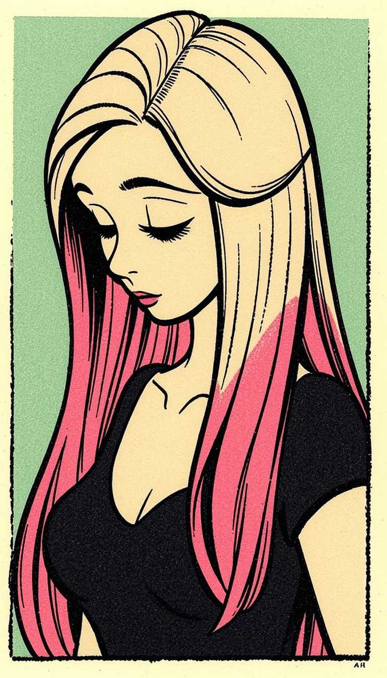 This image is a vibrant color vintage comic strip panel. The art style is reminiscent of early 20thcentury American comic strips, with bold lines and simple shading. The medium appears to be ink on paper, given the texture and the way the ink bleeds through the paper in some areas.The subject of the image is a retro cartoon female figure. Her hair flows elegantly down her back, with a distinct shadow cast on the right side, suggesting a light source coming from the left. The hair is drawn with long, sweeping strokes that give a sense of movement and volume.The figure is wearing a dark top, with the neckline and collarbone visible. The top is depicted with a simple, clean line that outlines the shape of the garment, without any additional detail or texture.The overall mood of the image is contemplative or introspective, suggested by the downward gaze of the figure and the lack of any other objects or characters in the frame. The simplicity of the composition, with its focus on the figure and her hair, creates a sense of elegance and poise.