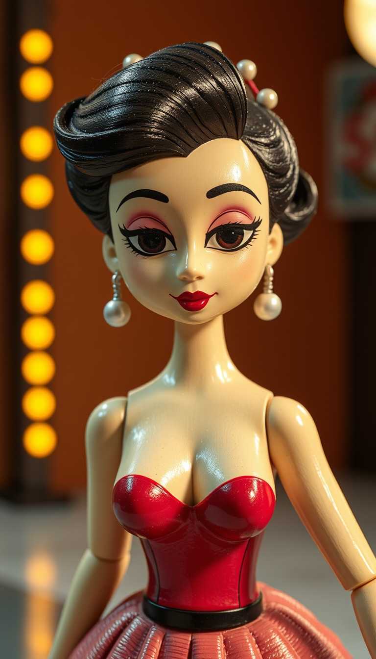 Head and shoulders. 3d cartoon wooden 1950s Las Vegas showgirl painted with glossy paint. Toy diorama. dramatic lighting.