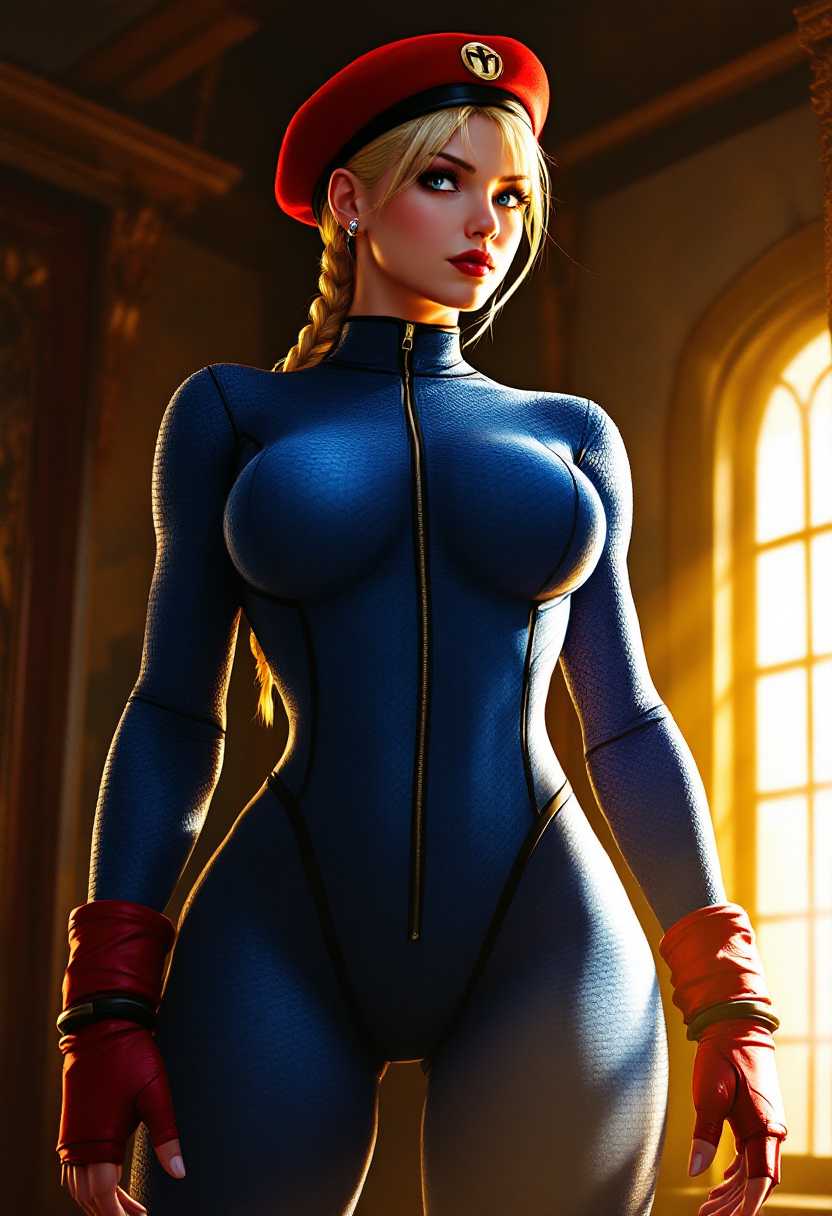 This image is a digital artwork that features "Cammy"in a dynamic pose. Cammy is wearing a blue bodysuit with a high neckline and a zipper down the front. The bodysuit has a textured appearance, giving the impression of a tight, formfitting material. The sleeves are long and reach just past the wrists, ending in red cuffs that match the red beret the character is wearing. The beret has a black band and a gold emblem in the center.Cammy's hair is blonde and styled in a braid that falls down the back. The braid is secured with a red band, matching the cuffs and beret. Cammy's left ear is visible, and theres a small earring in it.The colors in the image are rich and vibrant, with a focus on blues, reds, and golds. The lighting in the scene is warm, with a golden hue that suggests the light is coming from the right side of the image, casting a glow on the characters body and creating a contrast with the darker background.The background of the image is dimly lit, with a focus on the character. Theres a hint of a window or a door to the right, with a white curtain that is slightly drawn. The floor is not visible, and the focus is solely on the characters pose and attire.Overall, the art style is reminiscent of anime or manga, with a focus on the characters muscular build and the dynamic nature of the pose. The colors and lighting create a sense of drama and intensity, while the characters confident expression adds to the overall feeling of the artwork.