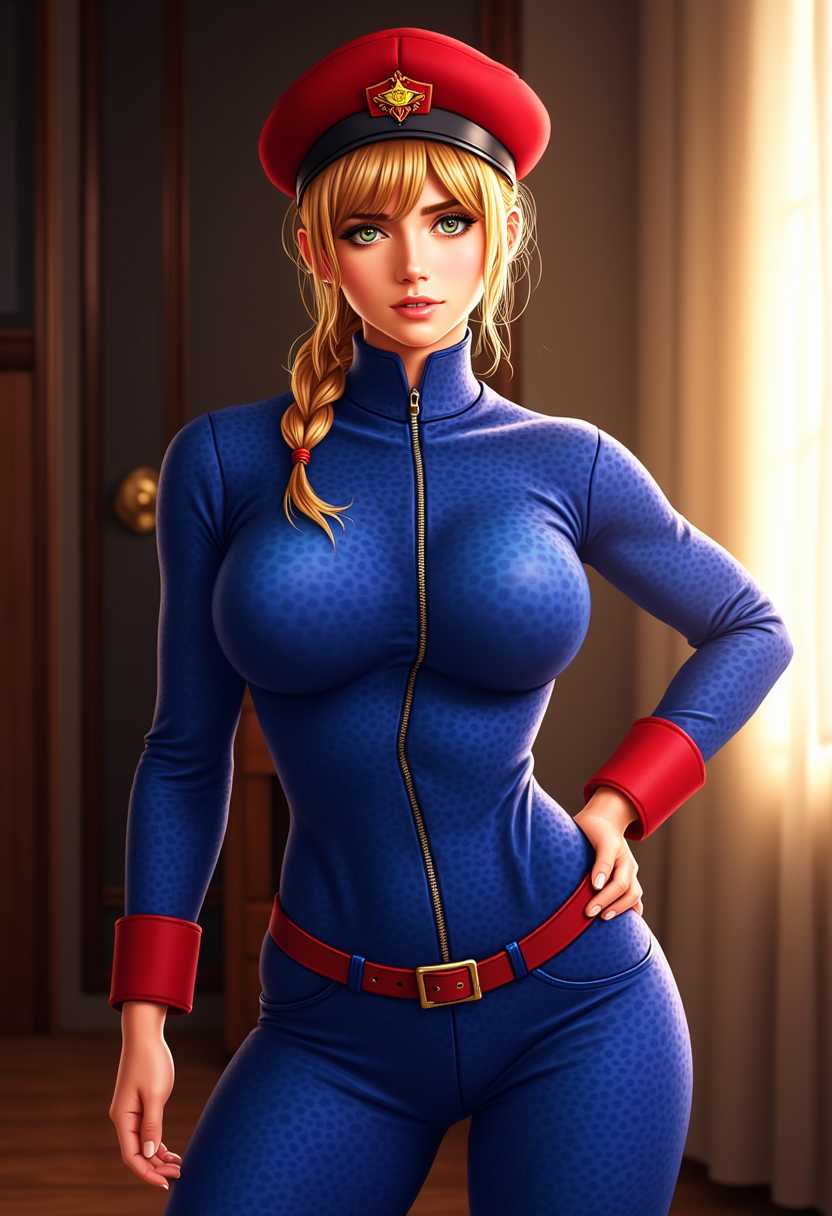 a photo of ANA$, This image is a digital artwork that features "Cammy"in a dynamic pose. Cammy is wearing a blue bodysuit with a high neckline and a zipper down the front. The bodysuit has a textured appearance, giving the impression of a tight, formfitting material. The sleeves are long and reach just past the wrists, ending in red cuffs that match the red beret the character is wearing. The beret has a black band and a gold emblem in the center.Cammy's hair is blonde and styled in a braid that falls down the back. The braid is secured with a red band, matching the cuffs and beret. Cammy's left ear is visible, and theres a small earring in it.The colors in the image are rich and vibrant, with a focus on blues, reds, and golds. The lighting in the scene is warm, with a golden hue that suggests the light is coming from the right side of the image, casting a glow on the characters body and creating a contrast with the darker background.The background of the image is dimly lit, with a focus on the character. Theres a hint of a window or a door to the right, with a white curtain that is slightly drawn. The floor is not visible, and the focus is solely on the characters pose and attire.Overall, the art style is reminiscent of anime or manga, with a focus on the characters muscular build and the dynamic nature of the pose. The colors and lighting create a sense of drama and intensity, while the characters confident expression adds to the overall feeling of the artwork.