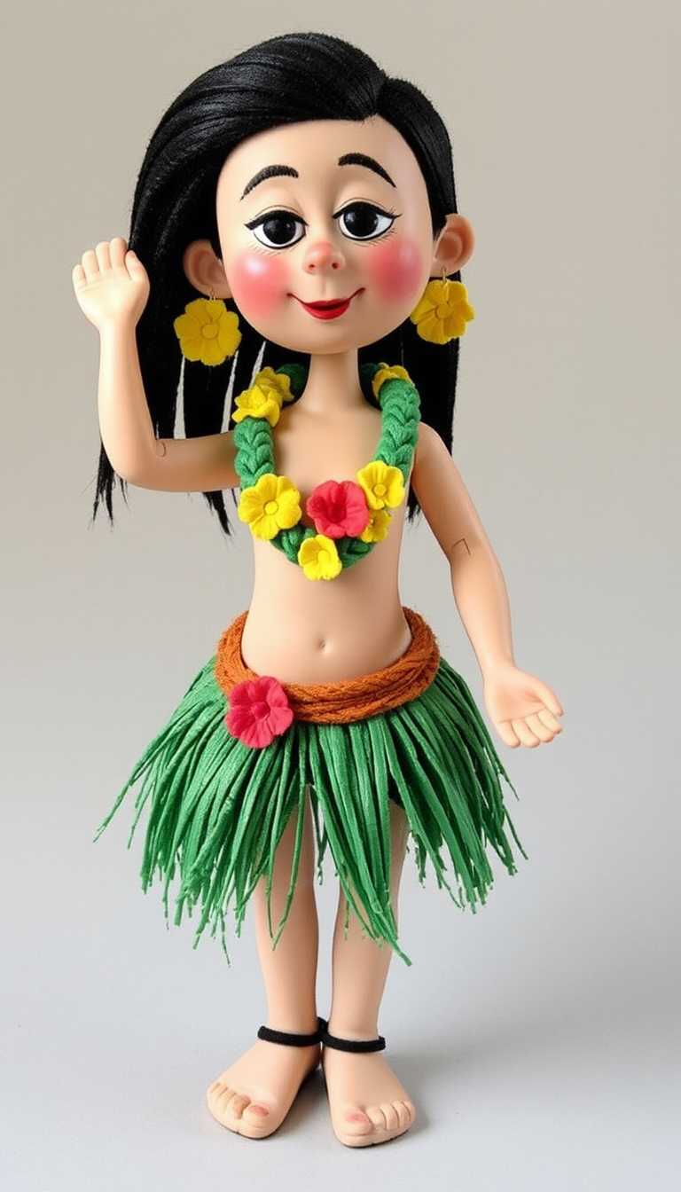 Head and shoulders. Claymation 1950s Hawaiian grass skirt dancer doll