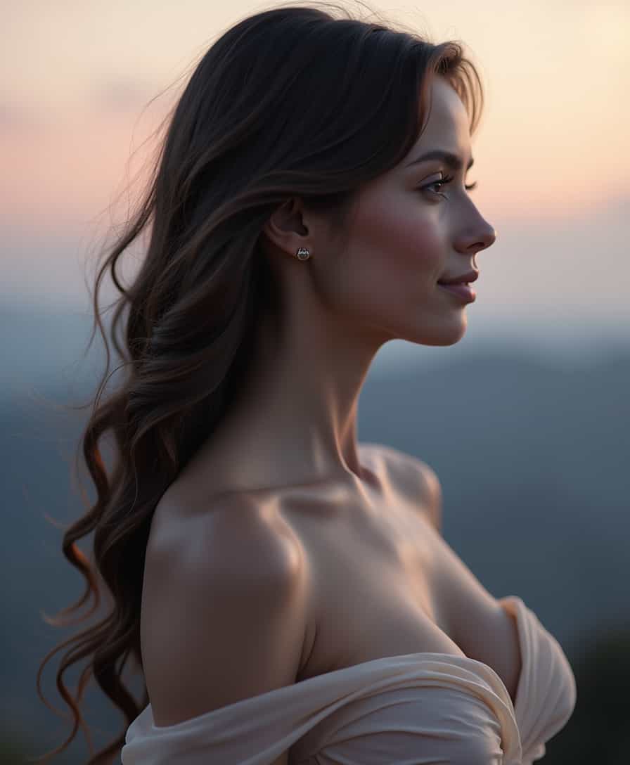 enchanting profile captured in soft, ambient twilight, hair cascading like a velvet waterfall glistening with a silver sheen, flawless complexion akin to the finest marble, eyes serene with an undercurrent of sultry intensity, lips curved in a mysterious, knowing smile, high-arched brows framing the gaze, a gentle whisper of shadows highlighting elegant cheekbones, neck gracefully slender like a swan's bearing, leading to the generous swell of ample breasts, curvature pronounced yet tastefully draped in diaphanous silk, fabric clinging lightly as if kissed by the wind, accentuating the sumptuous contours, interplay of shadows emphasizing a harmonious balance of volume and grace, subtle hints of skin illuminated with a delicate glow, background a canvas of blended hues in a pastel evening sky, thick with an atmosphere of intimate allure, captured with impeccable precision and clarity, composition sophisticated and harmonious, focus drawn naturally to the juxtaposition of delicate features and voluptuous form, an exquisite synthesis of ethereal grace and earthly allure.