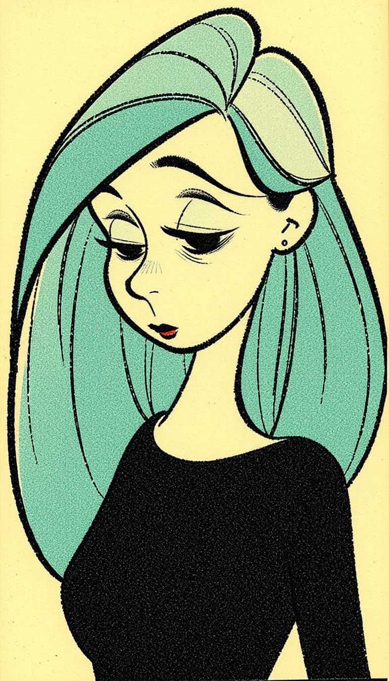 This image is a vibrant color vintage comic strip panel. The art style is reminiscent of early 20thcentury American comic strips, with bold lines and simple shading. The medium appears to be ink on paper, given the texture and the way the ink bleeds through the paper in some areas.The subject of the image is a retro cartoon female figure. Her hair flows elegantly down her back, with a distinct shadow cast on the right side, suggesting a light source coming from the left. The hair is drawn with long, sweeping strokes that give a sense of movement and volume.The figure is wearing a dark top, with the neckline and collarbone visible. The top is depicted with a simple, clean line that outlines the shape of the garment, without any additional detail or texture.