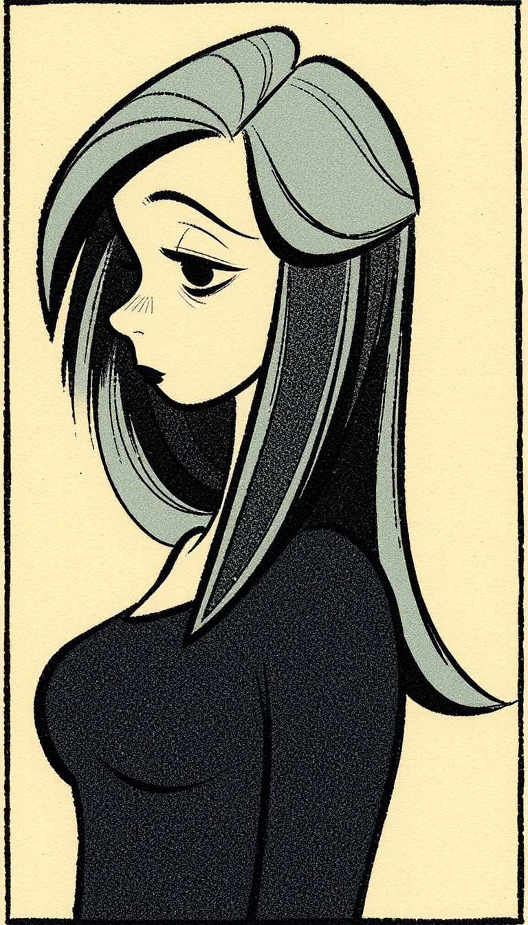 This image is a vibrant color vintage comic strip panel. The art style is reminiscent of early 20thcentury American comic strips, with bold lines and simple shading. The medium appears to be ink on paper, given the texture and the way the ink bleeds through the paper in some areas.The subject of the image is a retro cartoon female figure. Her hair flows elegantly down her back, with a distinct shadow cast on the right side, suggesting a light source coming from the left. The hair is drawn with long, sweeping strokes that give a sense of movement and volume.The figure is wearing a dark top, with the neckline and collarbone visible. The top is depicted with a simple, clean line that outlines the shape of the garment, without any additional detail or texture.