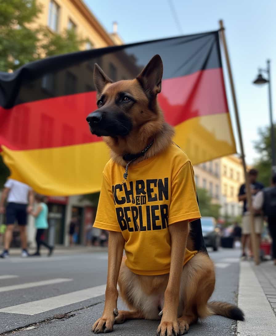 A high-resolution photograph of a CIRCESHEPHERD dog, sitting proudly in an urban setting. The dog is wearing a vibrant t-shirt emblazoned with the phrase "Ich bin ein Berliner" in bold, eye-catching letters. In the background, a large German flag waves gently, its rich black, red, and gold colors contrasting beautifully with the dog's fur. The scene is bathed in warm, soft lighting, suggesting a late afternoon or early evening ambience. The composition features the dog in the foreground, slightly angled to the right, with the flag prominently displayed behind it, capturing the essence of German pride and playful spirit. The overall mood is joyful and spirited, ideal for a casual outdoor setting.