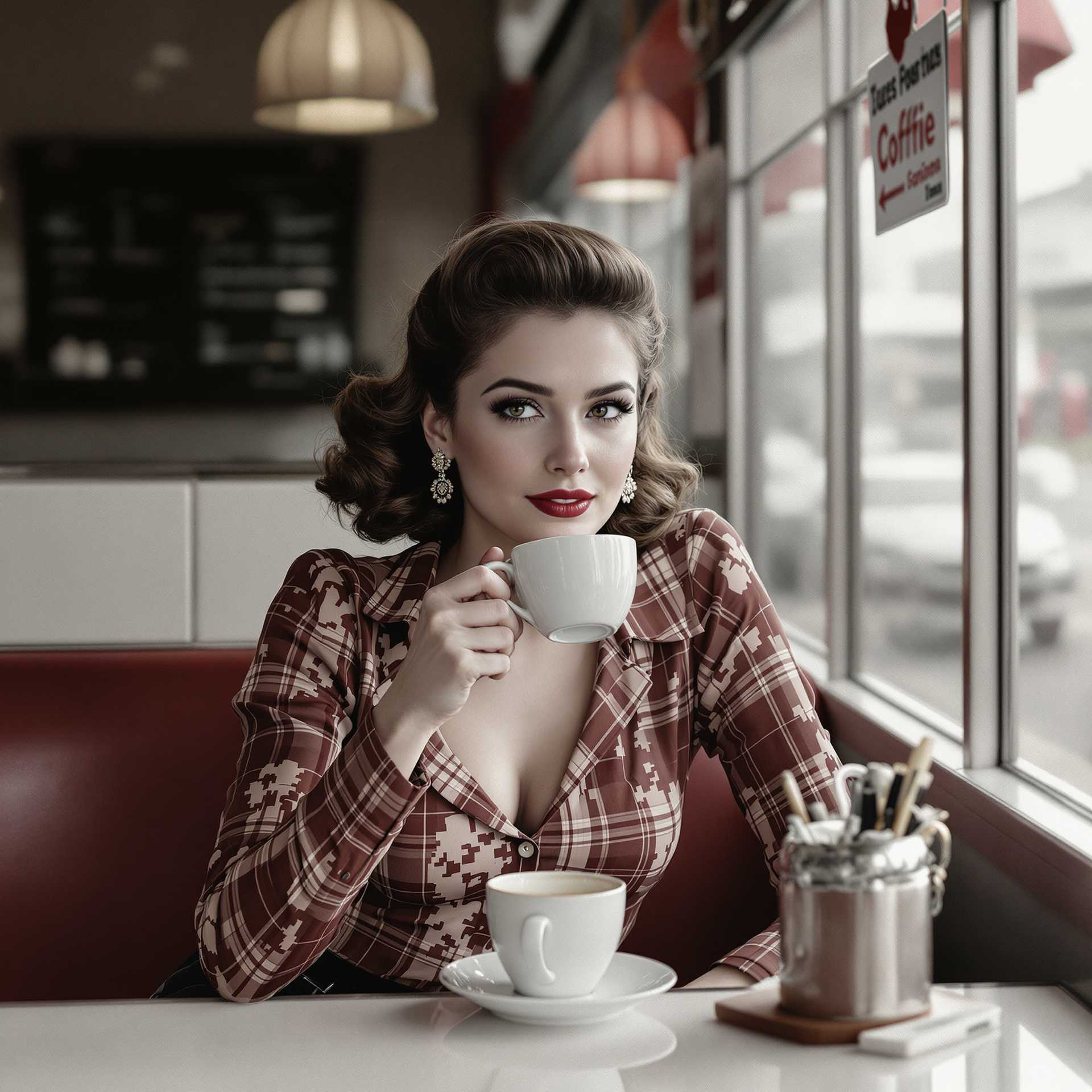 A woman sitting at a 1950's diner drinking hot coffie.