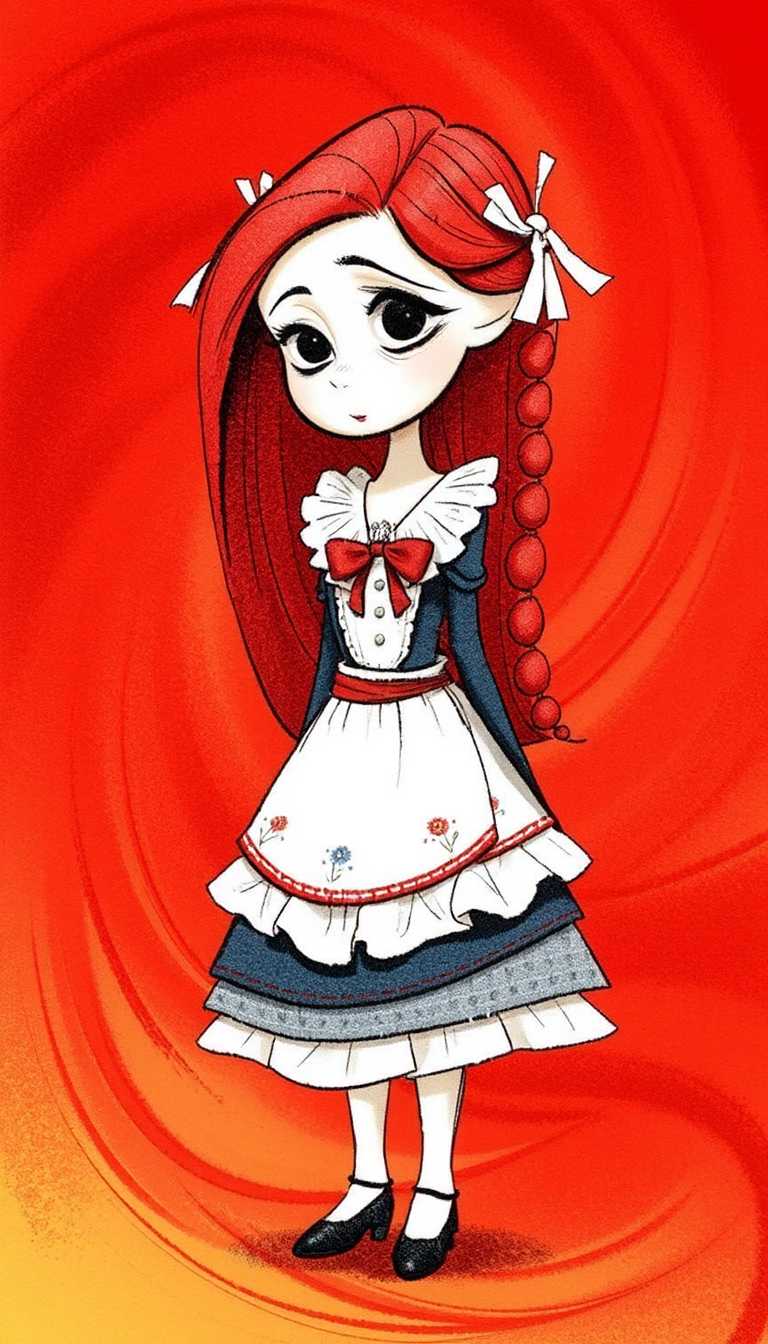 This image is a stylized illustration of a character that appears to be a young girl. The art style is whimsical and fantastical, with a touch of gothic elements. The medium seems to be a combination of digital and traditional drawing techniques, as evidenced by the blending of colors and the presence of pencil strokes.The girl has long, curly red hair tied into two pigtails with ribbons. Her facial features are delicate and somewhat exaggerated, with large, expressive eyes and a small, pointed nose. Her mouth is slightly open, giving her a surprised or curious expression. The girl is wearing a Victorianstyle dress, which is detailed with lace and ruffles. The dress is predominantly blue with a white apron and a red sash tied around her waist. The apron has a floral pattern and lace trim, and the sash is adorned with a bow.The background of the image is a swirling pattern of red and orange, reminiscent of flames or smoke. This adds a sense of drama and intensity to the composition. The girl stands in the center of the image, with her hands clasped in front of her. Her feet are adorned with red shoes with pointed toes.Overall, the image has a dreamlike quality, with a blend of innocence and mystery. The use of color and the exaggerated features of the girl contribute to the fantastical nature of the artwork.