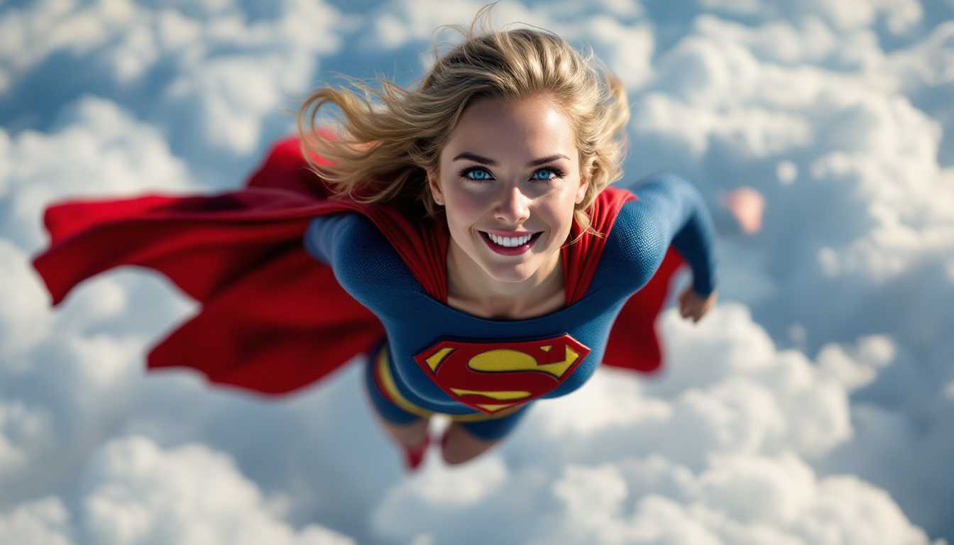 Supergirl flys above the clouds.