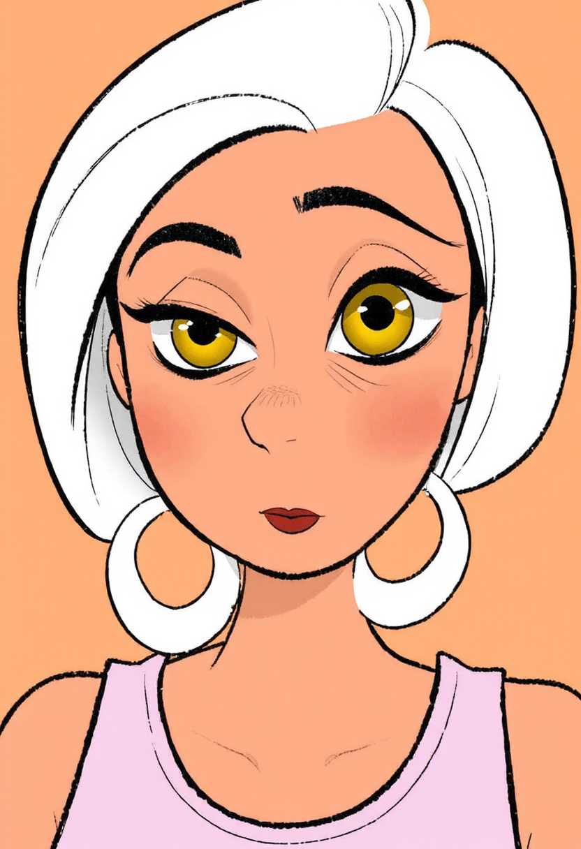 This image is a digital illustration, characterized by its bold lines and flat colors, which are typical of contemporary digital art styles. The medium appears to be a digital painting, as suggested by the smooth blending of colors and the lack of texture that one might find in traditional mediums like oil or watercolor.The subject of the illustration is a person with short, white hair that is styled in a bob cut. The hair is depicted with a gradient of white shades, giving it a threedimensional effect. The person is wearing a simple, sleeveless top, and their skin tone is a warm peach color.The most striking feature of the subject is their large, expressive eyes, which are a vivid yelloworange color. The eyes are detailed with black outlines and inner shading, giving them a lively and animated appearance. The eyebrows are thick and dark, with a slight arch, and the lashes are long and curled, adding to the expressive quality of the eyes.The subject is wearing a pair of statement earrings that are a focal point of the image. The earrings consist of large, white circular elements connected by gold hoops and rings, with small black dots that provide contrast and interest. The earrings are a significant element in the composition, drawing the viewers eye and complementing the subjects confident and stylish demeanor.The background of the image is a solid, warm yelloworange, which provides a vibrant contrast to the subjects white hair and peach skin. The background is uniform in color, with no texture or gradients, which helps to keep the focus on the subject and their accessories.
