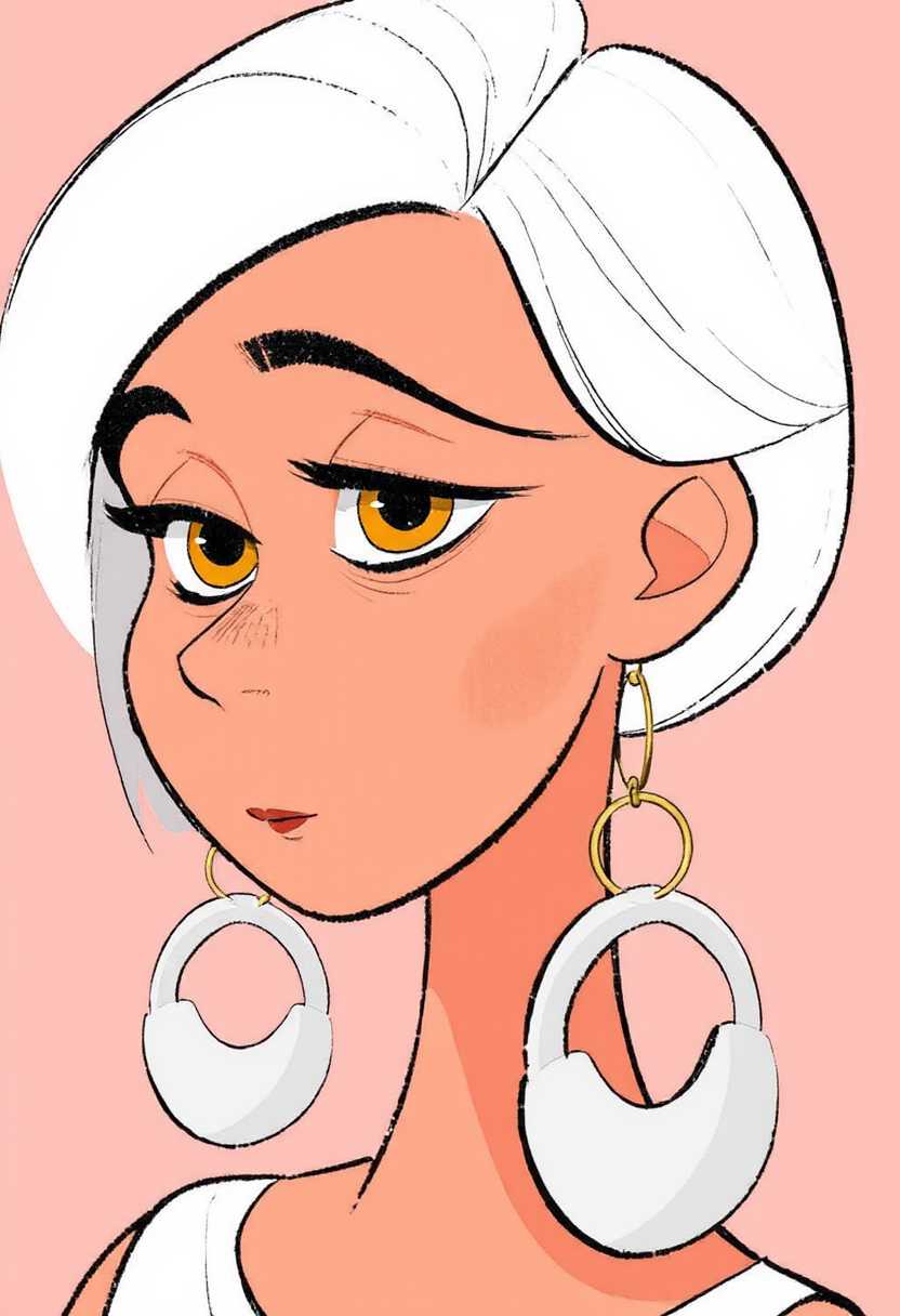 Stylized Illustration of a Woman with White Hair and Gold Earrings
