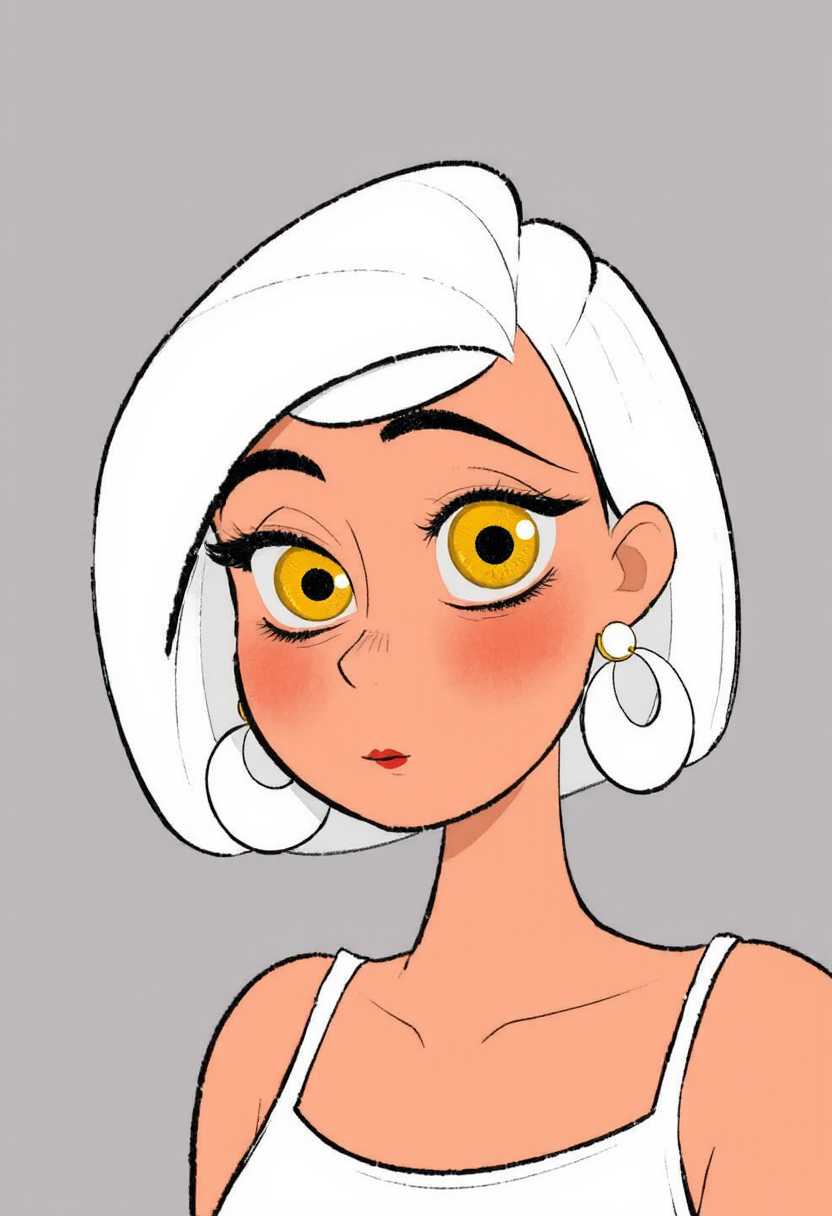 This image is a digital illustration, characterized by its bold lines and flat colors, which are typical of contemporary digital art styles. The medium appears to be a digital painting, as suggested by the smooth blending of colors and the lack of texture that one might find in traditional mediums like oil or watercolor.The subject of the illustration is a person with short, white hair that is styled in a bob cut. The hair is depicted with a gradient of white shades, giving it a threedimensional effect. The person is wearing a simple, sleeveless top, and their skin tone is a warm peach color.The most striking feature of the subject is their large, expressive eyes, which are a vivid yelloworange color. The eyes are detailed with black outlines and inner shading, giving them a lively and animated appearance. The eyebrows are thick and dark, with a slight arch, and the lashes are long and curled, adding to the expressive quality of the eyes.The subject is wearing a pair of statement earrings that are a focal point of the image. The earrings consist of large, white circular elements connected by gold hoops and rings, with small black dots that provide contrast and interest. The earrings are a significant element in the composition, drawing the viewers eye and complementing the subjects confident and stylish demeanor.The background of the image is a solid, warm yelloworange, which provides a vibrant contrast to the subjects white hair and peach skin. The background is uniform in color, with no texture or gradients, which helps to keep the focus on the subject and their accessories.