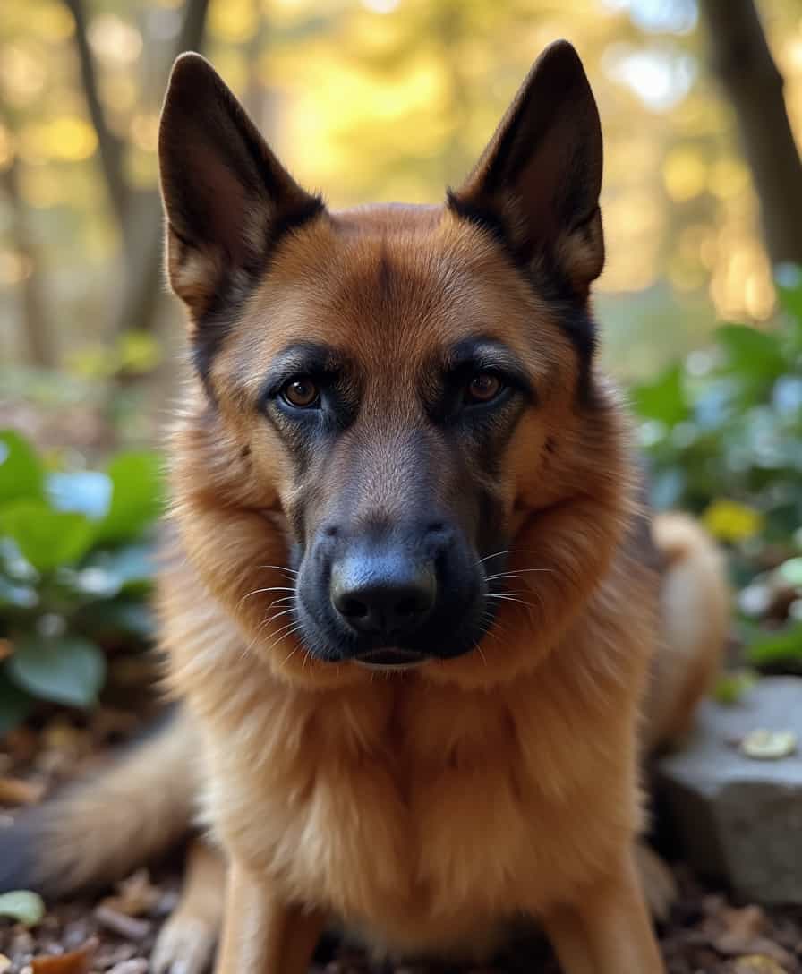 A hyper-realistic portrait of a German Shepherd, with lush, detailed fur that captures the sheen of each strand under soft, natural daylight. The dog is portrayed in a classic dog show stance, alert with ears perked, looking directly at the viewer with intelligent, deep brown eyes. The style is reminiscent of the detailed animal portraits from the Renaissance, with a focus on the texture of fur and the reflective quality of the eyes. The background is a subtle, blurred forest setting at golden hour, enhancing the focus on the dog. The composition centers the German Shepherd, using a shallow depth of field to separate him from the foliage backdrop, creating a serene yet commanding presence.