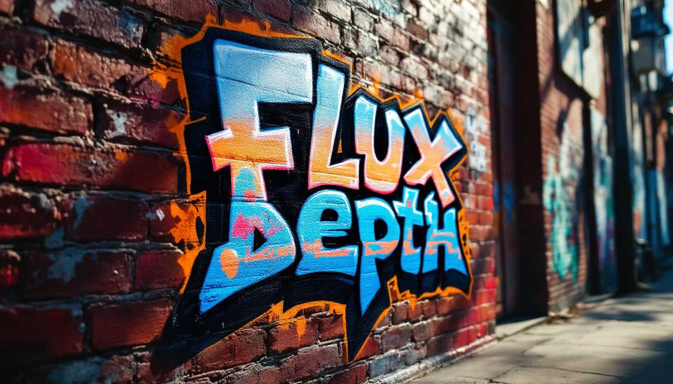 A gritty urban scene featuring a weathered brick wall adorned with vibrant graffiti. The graffiti art prominently displays the bold, stylized text "Flux Depth Pro" in a mix of electric blue and fiery orange hues, creating a striking contrast against the muted red and brown tones of the brick. Sunlight filters through, casting soft shadows and highlighting the textures of the coarse brick surface and the layered paint of the graffiti. The composition captures a slightly angled perspective, emphasizing the boldness of the artwork while also revealing the detailed imperfections of the wall. The overall mood is energetic and defiant, reflecting the spirit of street art in a bustling city environment, with hints of urban decay and a sense of creative rebellion.