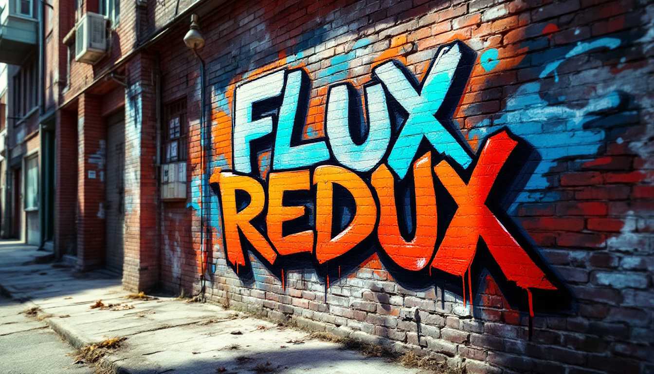 A gritty urban scene featuring a weathered brick wall adorned with vibrant graffiti. The graffiti art prominently displays the bold, stylized text "Flux REDUX" in a mix of electric blue and fiery orange hues, creating a striking contrast against the muted red and brown tones of the brick. Sunlight filters through, casting soft shadows and highlighting the textures of the coarse brick surface and the layered paint of the graffiti. The composition captures a slightly angled perspective, emphasizing the boldness of the artwork while also revealing the detailed imperfections of the wall. The overall mood is energetic and defiant, reflecting the spirit of street art in a bustling city environment, with hints of urban decay and a sense of creative rebellion.