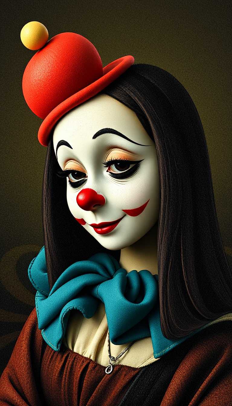 2d layered portrait of a clown mona lisa