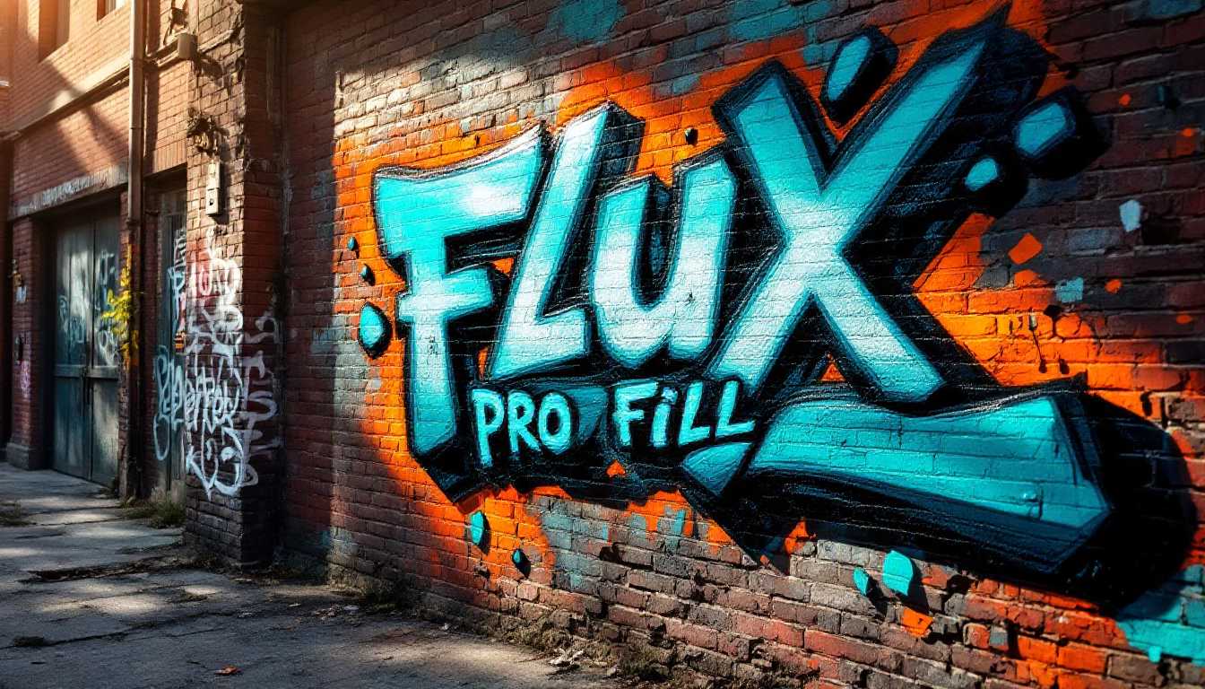 A gritty urban scene featuring a weathered brick wall adorned with vibrant graffiti. The graffiti art prominently displays the bold, stylized text "Flux PRO FILL" in a mix of electric blue and fiery orange hues, creating a striking contrast against the muted red and brown tones of the brick. Sunlight filters through, casting soft shadows and highlighting the textures of the coarse brick surface and the layered paint of the graffiti. The composition captures a slightly angled perspective, emphasizing the boldness of the artwork while also revealing the detailed imperfections of the wall. The overall mood is energetic and defiant, reflecting the spirit of street art in a bustling city environment, with hints of urban decay and a sense of creative rebellion.