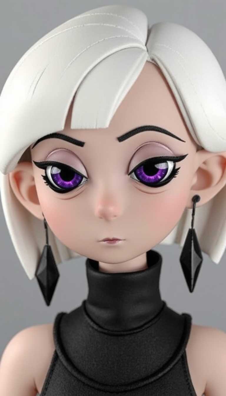 The claymation character has short, straight white hair with a blunt cut that frames her face. The hair is depicted with a high level of detail, with individual strands of hair visible, giving it a realistic texture. The hair color is a pure white with subtle highlights and shadows that add depth and dimension.The characters facial features are angular and stylized, with a strong jawline and a determined expression. Her eyes are a deep purple with a metallic sheen, giving them a somewhat alien or robotic appearance. The eyes are detailed with a high level of contrast, with the pupils being the darkest part of the eye, and the irises and sclera having a lighter purple hue.The characters ears are large and prominent, with a heartshaped piercing visible on the left earlobe. The earrings are black with a reflective quality, possibly made of glass or a similar material, and they have a sharp, angular design that complements the overall aesthetic of the character.The character is wearing a highnecked black garment that has a simple, clean design. The neckline is adorned with a single, small, white bead or button, which stands out against the dark fabric. The garments sleeves are short, and the wrists are bare, which adds to the overall sleek and modern look of the character.The background of the image is a gradient of purples, ranging from a deep violet at the top to a lighter lavender at the bottom. The gradient gives the image a dreamy or ethereal quality, and it also provides a nice contrast to the stark black of the characters clothing.