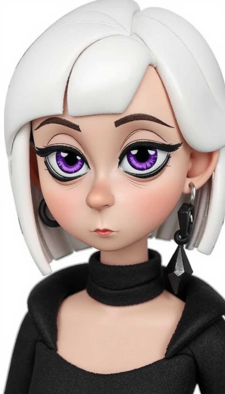 The claymation character has short, straight white hair with a blunt cut that frames her face. The hair is depicted with a high level of detail, with individual strands of hair visible, giving it a realistic texture. The hair color is a pure white with subtle highlights and shadows that add depth and dimension.The characters facial features are angular and stylized, with a strong jawline and a determined expression. Her eyes are a deep purple with a metallic sheen, giving them a somewhat alien or robotic appearance. The eyes are detailed with a high level of contrast, with the pupils being the darkest part of the eye, and the irises and sclera having a lighter purple hue.The characters ears are large and prominent, with a heartshaped piercing visible on the left earlobe. The earrings are black with a reflective quality, possibly made of glass or a similar material, and they have a sharp, angular design that complements the overall aesthetic of the character.The character is wearing a highnecked black garment that has a simple, clean design. The neckline is adorned with a single, small, white bead or button, which stands out against the dark fabric. The garments sleeves are short, and the wrists are bare, which adds to the overall sleek and modern look of the character.The background of the image is a gradient of purples, ranging from a deep violet at the top to a lighter lavender at the bottom. The gradient gives the image a dreamy or ethereal quality, and it also provides a nice contrast to the stark black of the characters clothing.