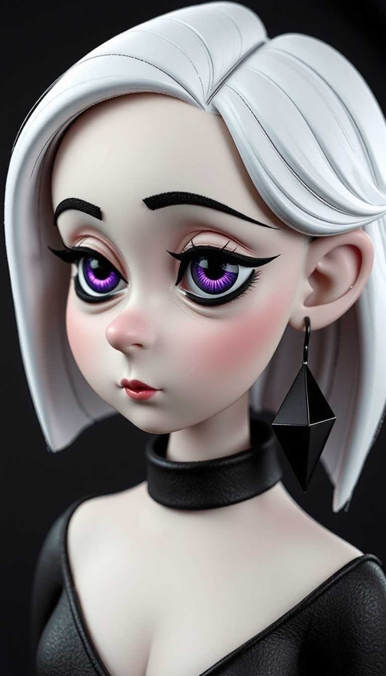 The claymation character has short, straight white hair with a blunt cut that frames her face. The hair is depicted with a high level of detail, with individual strands of hair visible, giving it a realistic texture. The hair color is a pure white with subtle highlights and shadows that add depth and dimension.The characters facial features are angular and stylized, with a strong jawline and a determined expression. Her eyes are a deep purple with a metallic sheen, giving them a somewhat alien or robotic appearance. The eyes are detailed with a high level of contrast, with the pupils being the darkest part of the eye, and the irises and sclera having a lighter purple hue.The characters ears are large and prominent, with a heartshaped piercing visible on the left earlobe. The earrings are black with a reflective quality, possibly made of glass or a similar material, and they have a sharp, angular design that complements the overall aesthetic of the character.The character is wearing a highnecked black garment that has a simple, clean design. The neckline is adorned with a single, small, white bead or button, which stands out against the dark fabric. The garments sleeves are short, and the wrists are bare, which adds to the overall sleek and modern look of the character.The background of the image is a gradient of purples, ranging from a deep violet at the top to a lighter lavender at the bottom. The gradient gives the image a dreamy or ethereal quality, and it also provides a nice contrast to the stark black of the characters clothing.