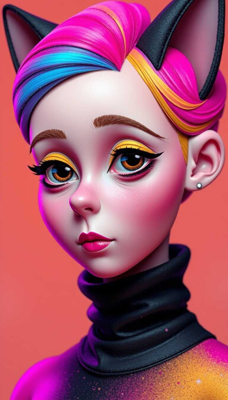 Claymation. This image is a closeup portrait of a character with a distinct and stylized appearance. The art style is reminiscent of pop surrealism, with a focus on exaggerated features and a vibrant, neon color palette that gives the piece a lively and almost electric feel.The colors in the image are bright and saturated, with a predominance of neon pinks, yellows, blues, and purples. These colors are used to create a sense of depth and dimension, with the lighter colors on the characters face and hair contrasting against the darker, more saturated colors of the clothing and background.The character has prominent catlike ears, which are a common feature in pop surrealism and suggest a fantasy or mythical element to the character. The hair is styled in a short, curly fashion, with a gradient of neon colors that gives it a dynamic and almost liquid appearance. The hairs texture is smooth and lacks any visible brush strokes, which supports the digital painting medium.The character is wearing a highnecked, black garment with a pattern that resembles a starry night sky or a galaxy. The pattern is composed of small, irregular shapes in various shades of blue and pink, which stand out against the black background. There are two buttons on the front of the garment, one with a smiling face and the other with a cross, which add a playful and whimsical touch to the otherwise dark and mysterious outfit.The background is a chaotic mix of neon pink and yellow streaks and dots, which give the impression of a vibrant, energetic atmosphere. The streaks and dots are irregular in shape and size, and they overlap each other in a seemingly random fashion, contributing to the overall sense of movement and dynamism in the image.
