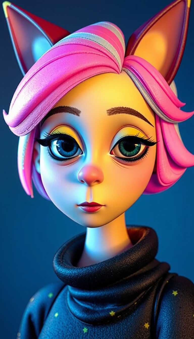 Neon Cat-Eared Character in Starry Attire