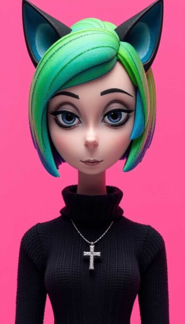 Claymation. The characters hair is a striking shade of neon green with a gradient effect that transitions to a deeper blue at the tips, giving it a dimensional appearance.The hair is styled in a bob cut with a blunt fringe that sits just above the forehead, and the character has pointed ears that suggest a catlike appearance. The ears are a deep black with a lighter inner hue, and they are perked up, adding to the characters assertive demeanor.The character is wearing a highnecked, black garment that has a subtle texture, giving the impression of a knit or ribbed fabric. Around the neck, there is a simple, elegant necklace with a cross pendant, which contrasts with the characters otherwise edgy look.The background is a uniform shade of pink, which serves to highlight the character and the vivid colors of their hair and attire. 