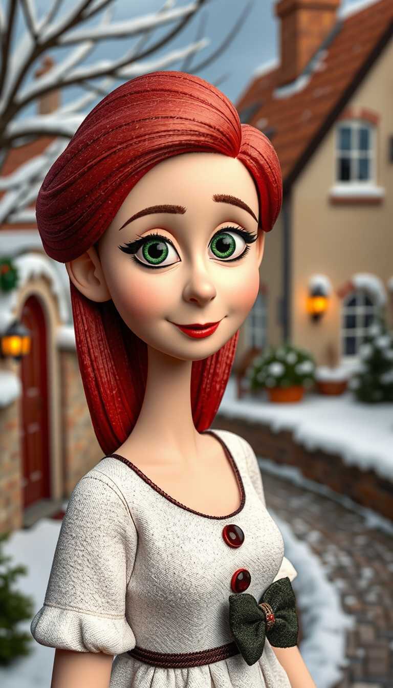 Claymation. a young woman, red hair, green eyes, 1950s style, wearing a xmas dress. Xmas theme. suburban background featuring a quaint cottage and cobbled street, snow