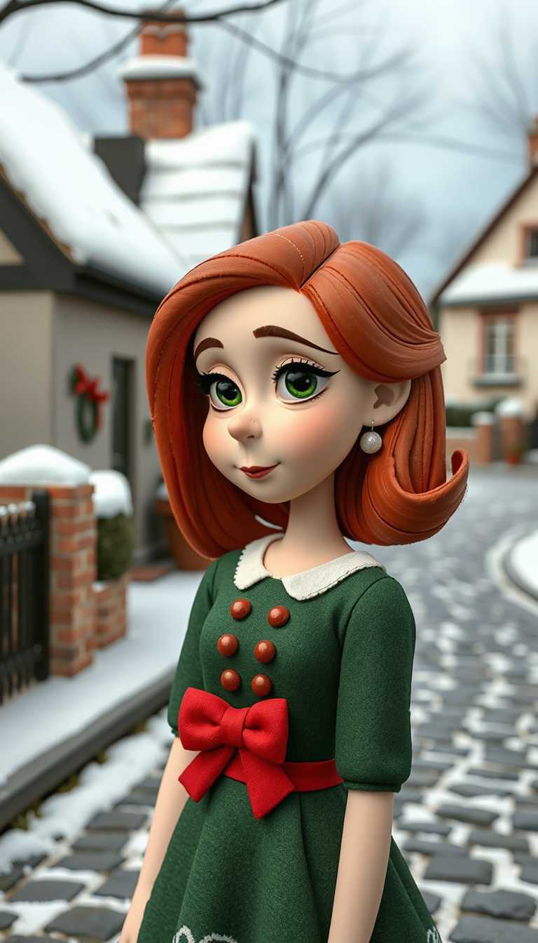 Claymation. a young woman, red hair, green eyes, 1950s style, wearing a xmas dress. Xmas theme. suburban background featuring a quaint cottage and cobbled street, snow