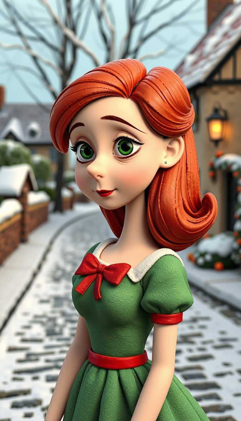 Claymation. a young woman, red hair, green eyes, 1950s style, wearing a xmas dress. Xmas theme. suburban background featuring a quaint cottage and cobbled street, snow