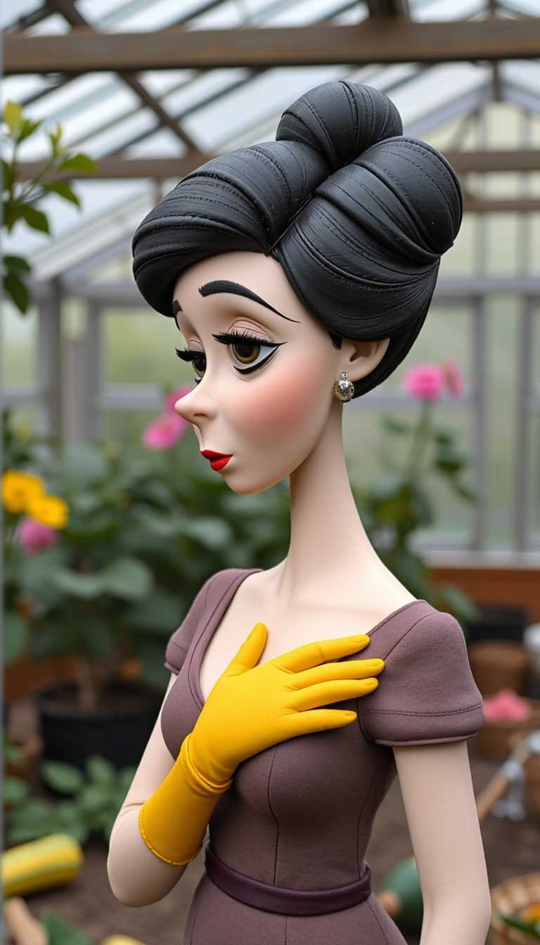Claymation. 1950s upper class lady, exaggerated features, hair in a large bun, low cut neckline dress, wearing bright yellow gardening gloves, greenhouse background