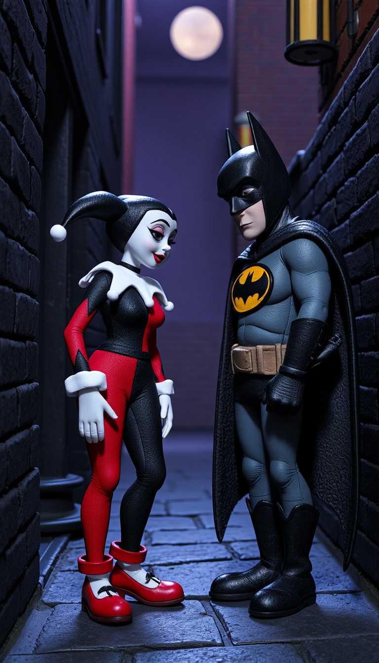 Claymation. 1950s harley quinn encounters batman in a dark alley