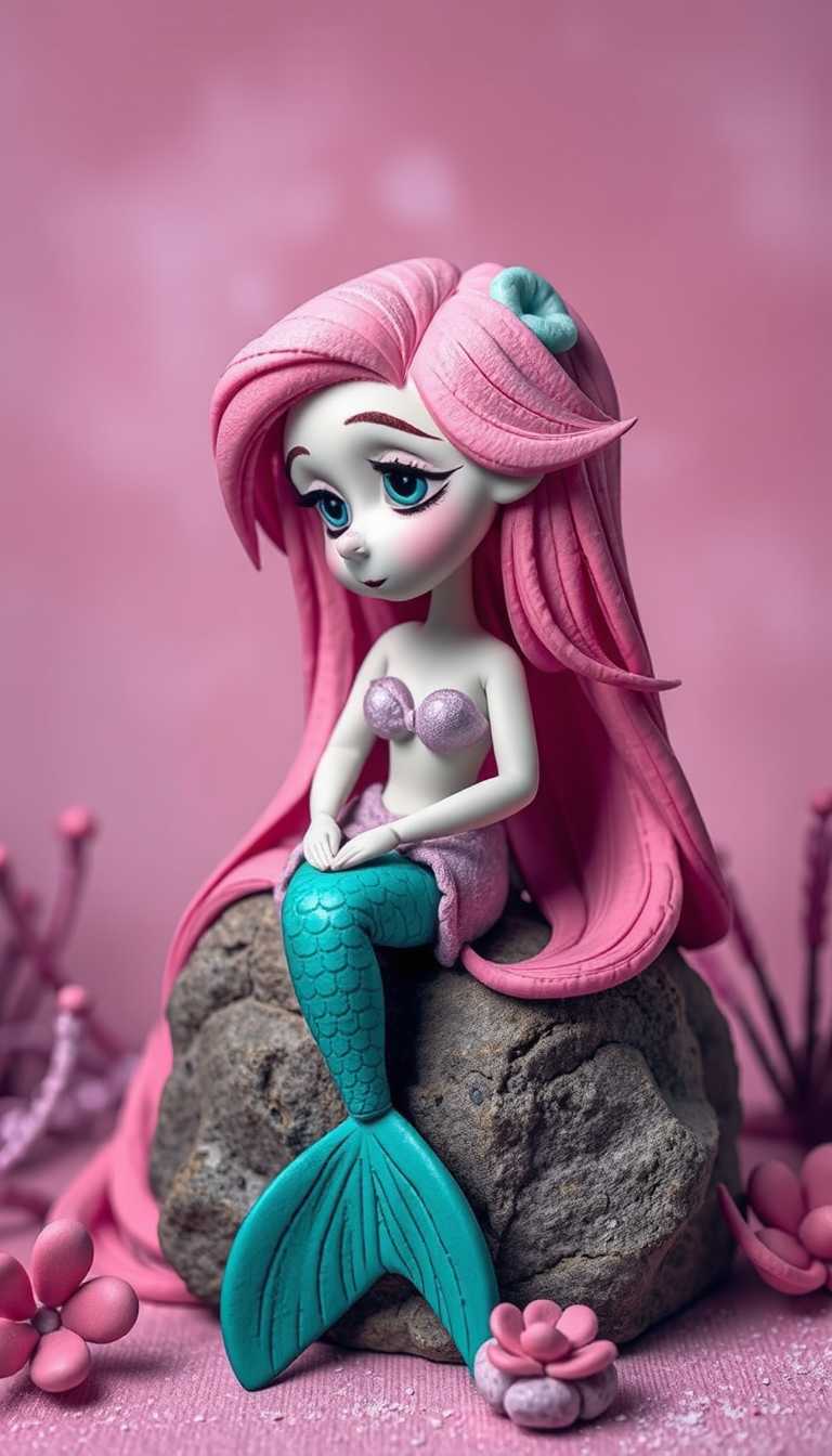 Whimsical Mermaid Figurine on a Pink Dreamscape