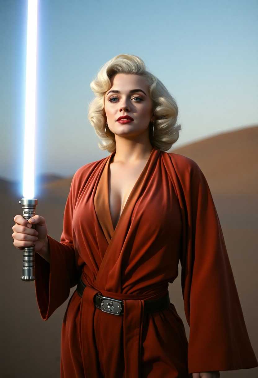 screengrab of 1950's super panavision 70 movie.  Retro in color. beautiful woman Marilyn Monroe wearing Jedi Robes in the desert, holding a lightsaber, cleavage