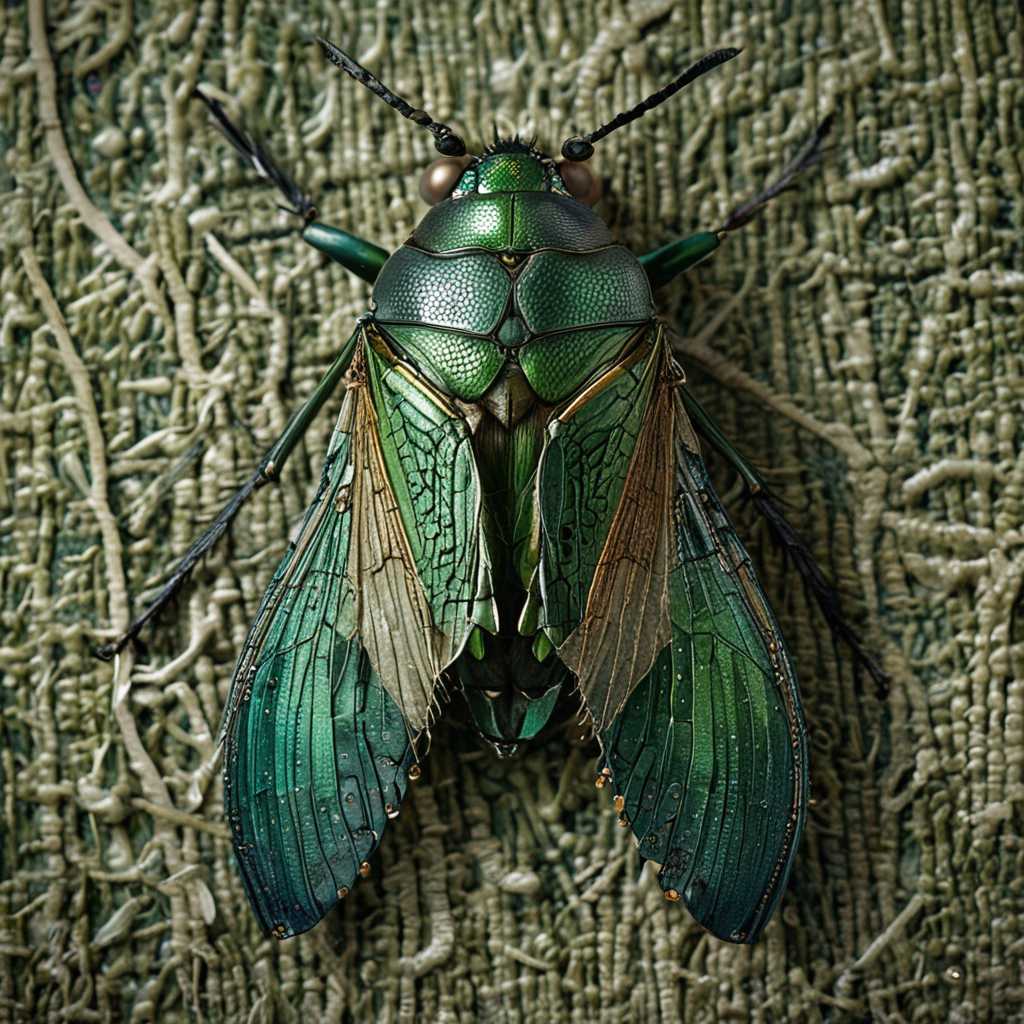 A detailed macro shot of a vibrant green **bug** with iridescent wings, nestled within the **fibers** of a **soft, woven rug**, showcasing the intricate **texture** of both the insect and the fabric, in a style reminiscent of **hyperrealism**, with **soft, natural lighting** casting subtle shadows, creating a serene and intimate atmosphere.