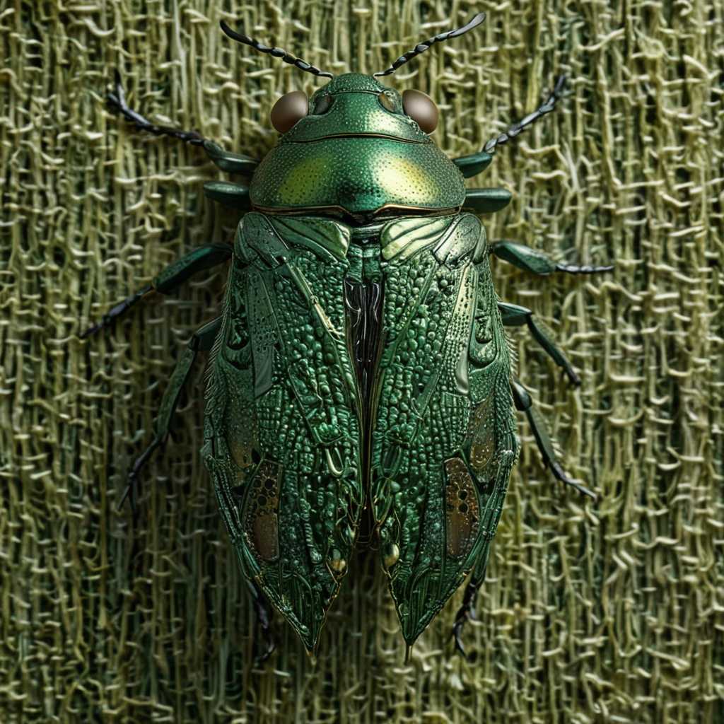 A detailed macro shot of a vibrant green **bug** with iridescent wings, nestled within the **fibers** of a **soft, woven rug**, showcasing the intricate **texture** of both the insect and the fabric, in a style reminiscent of **hyperrealism**, with **soft, natural lighting** casting subtle shadows, creating a serene and intimate atmosphere.