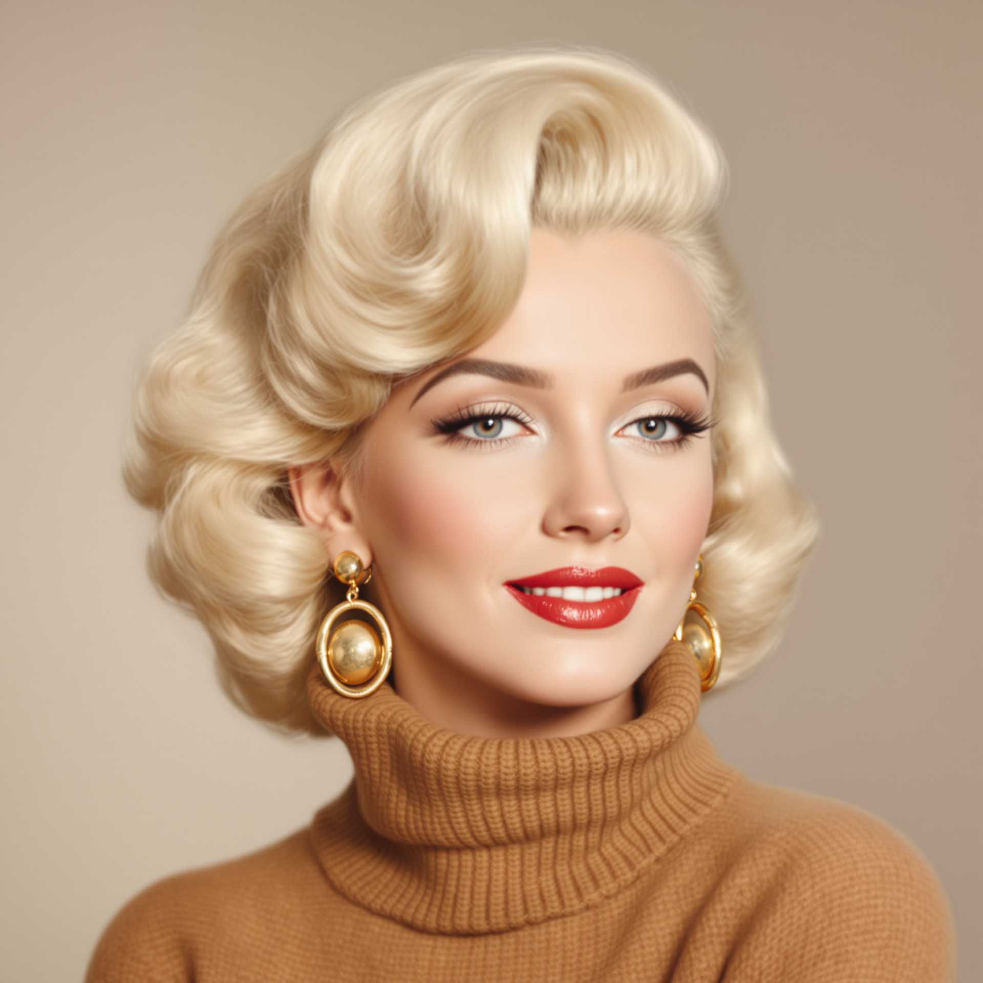 This image is a closeup portrait of "Marilyn Monroe" with a hairstyle reminiscent of the 1950s, featuring a voluminous blonde wave on the right side of the head. The hair is styled in a way that suggests a classic Hollywood glamour, with a side parting that adds to the vintage allure.The subject is wearing a high neck, warm toned sweater that appears to be made of a soft, knit fabric, which gives off a cozy and comfortable vibe. The sweaters texture is not very pronounced, but it is visible in the way the light reflects on the surface, giving it a subtle dimension.The subject is accessorized with a pair of large, circular gold earrings that have a simple yet elegant design. The earrings are attached to the subjects ears with what seems to be a single loop, and they dangle just below the earlobe, catching the light and adding a touch of opulence to the overall look.The background of the image is a neutral, muted color that fades into a soft, grayish tone, which serves to focus the viewers attention on the subjects face and hairstyle. The background is not detailed, which allows the viewer to concentrate on the subjects features and the overall composition of the image.The art style of the image is reminiscent of a classic portrait photography, with a focus on the subjects features and a timeless aesthetic. The medium appears to be a digital photograph, given the clarity and sharpness of the details.The colors in the image are warm and muted, with the blonde hair providing a pop of color against the neutral tones of the sweater and the background. The red lipstick on the subjects lips adds a bold contrast, drawing attention to the subjects expression and smile.Overall, the image exudes a sense of nostalgia and elegance, capturing a moment that feels both intimate and timeless.