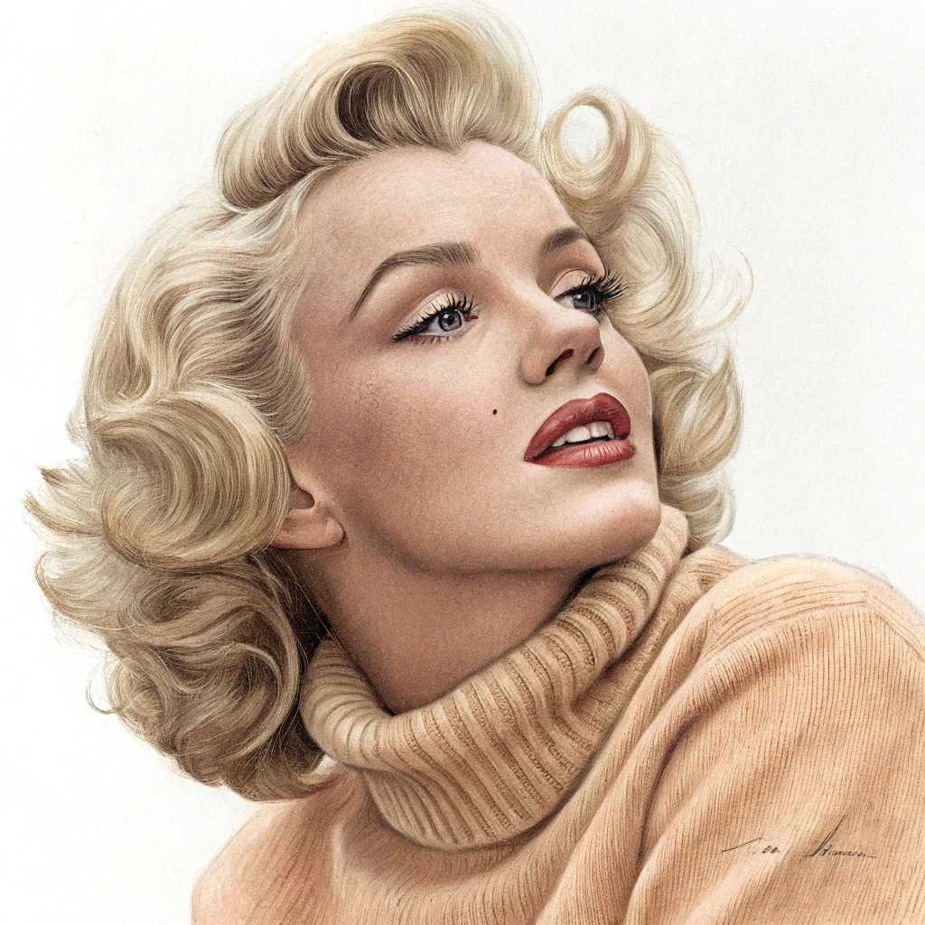 This image is a closeup portrait of "Marilyn Monroe" with a hairstyle reminiscent of the 1950s, featuring a voluminous blonde wave on the right side of the head. The hair is styled in a way that suggests a classic Hollywood glamour, with a side parting that adds to the vintage allure.The subject is wearing a high neck, warm toned sweater that appears to be made of a soft, knit fabric, which gives off a cozy and comfortable vibe. The sweaters texture is not very pronounced, but it is visible in the way the light reflects on the surface, giving it a subtle dimension.The subject is accessorized with a pair of large, circular gold earrings that have a simple yet elegant design. The earrings are attached to the subjects ears with what seems to be a single loop, and they dangle just below the earlobe, catching the light and adding a touch of opulence to the overall look.The background of the image is a neutral, muted color that fades into a soft, grayish tone, which serves to focus the viewers attention on the subjects face and hairstyle. The background is not detailed, which allows the viewer to concentrate on the subjects features and the overall composition of the image.The art style of the image is reminiscent of a classic portrait photography, with a focus on the subjects features and a timeless aesthetic. The medium appears to be a digital photograph, given the clarity and sharpness of the details.The colors in the image are warm and muted, with the blonde hair providing a pop of color against the neutral tones of the sweater and the background. The red lipstick on the subjects lips adds a bold contrast, drawing attention to the subjects expression and smile.Overall, the image exudes a sense of nostalgia and elegance, capturing a moment that feels both intimate and timeless.