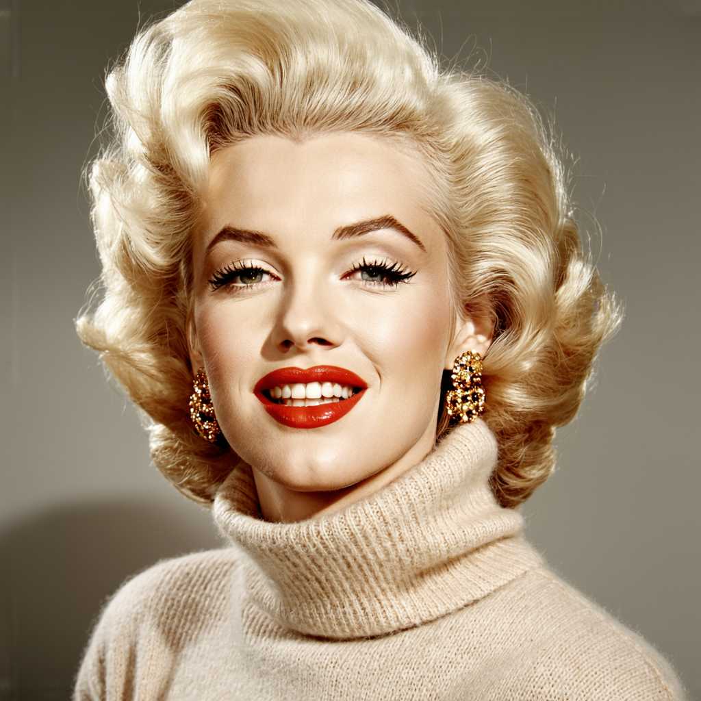 This image is a closeup portrait of "Marilyn Monroe" with a hairstyle reminiscent of the 1950s, featuring a voluminous blonde wave on the right side of the head. The hair is styled in a way that suggests a classic Hollywood glamour, with a side parting that adds to the vintage allure.The subject is wearing a high neck, warm toned sweater that appears to be made of a soft, knit fabric, which gives off a cozy and comfortable vibe. The sweaters texture is not very pronounced, but it is visible in the way the light reflects on the surface, giving it a subtle dimension.The subject is accessorized with a pair of large, circular gold earrings that have a simple yet elegant design. The earrings are attached to the subjects ears with what seems to be a single loop, and they dangle just below the earlobe, catching the light and adding a touch of opulence to the overall look.The background of the image is a neutral, muted color that fades into a soft, grayish tone, which serves to focus the viewers attention on the subjects face and hairstyle. The background is not detailed, which allows the viewer to concentrate on the subjects features and the overall composition of the image.The art style of the image is reminiscent of a classic portrait photography, with a focus on the subjects features and a timeless aesthetic. The medium appears to be a digital photograph, given the clarity and sharpness of the details.The colors in the image are warm and muted, with the blonde hair providing a pop of color against the neutral tones of the sweater and the background. The red lipstick on the subjects lips adds a bold contrast, drawing attention to the subjects expression and smile.Overall, the image exudes a sense of nostalgia and elegance, capturing a moment that feels both intimate and timeless.