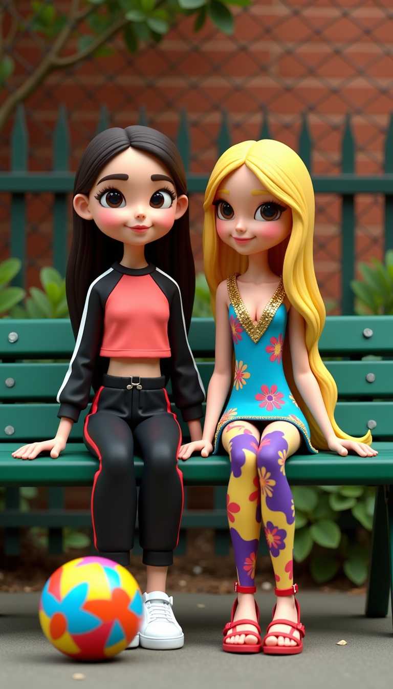 Claymation. This image is a portrait of two stylized cartoon individuals seated on a green metal park bench.  The subject on the left is wearing a coralcolored longsleeve top with black and white accents, paired with black trousers featuring red side panels. This outfit has a sporty, athletic vibe, emphasized by the white sneakers with red stripes on the toes.The subject on the right is dressed in a striking ensemble that includes a blue and yellow dress with a floral pattern and a sequined bodice. The dress is paired with patterned leggings in shades of purple and yellow, and the subject is wearing opentoed sandals with red straps. The long blonde hair cascades down the back, adding a dramatic flair to the overall look.In front of the subjects, there is a multicolored, spherical object on the ground, which could be interpreted as a ball or a decorative piece. The background is a simple brick wall with a chainlink fence and greenery, providing a stark contrast to the bright colors of the subjects clothing.The lighting in the image is natural, with a soft, diffused quality that highlights the textures and colors of the clothing without casting harsh shadows. 