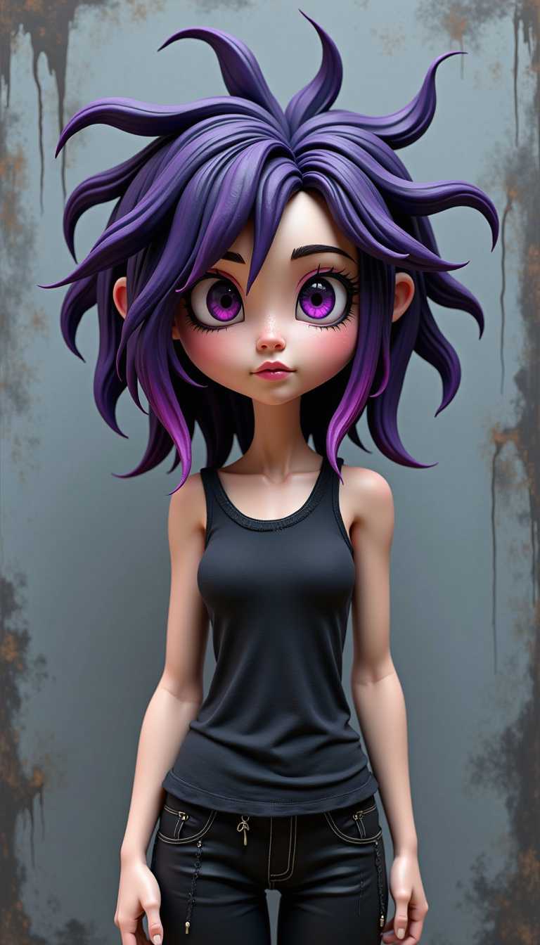 Claymation. The colors in the image are quite vibrant and stand out against the muted background. The character has purple hair that is a deep, almost black shade at the roots, transitioning to a lighter, almost violet hue towards the tips. The hair is styled in a messy, wild fashion, with strands sticking out in various directions, giving the character a sense of movement and chaos.The characters eyes are the focal point of the image, with their large, expressive pupils and the detailed irises that are a deep, rich purple. The eyes are surrounded by a stark white sclera, which contrasts with the darker tones of the hair and the black of the characters clothing.The clothing consists of a simple black tank top and what appears to be black leggings or pants, with the lower part of the pants showing signs of wear or distress, as evidenced by the frayed edges and what looks like a small tear.The background is a textured, gray wash that gives the impression of a smudged canvas, with drips and splatters of paint that seem to be a part of the overall composition. 