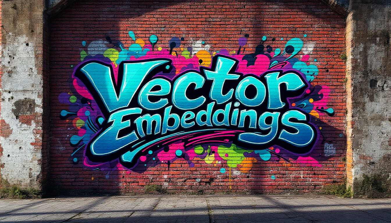 Create an ultra-high-resolution image showcasing a weathered, industrial brick wall, covered in vibrant, multi-layered graffiti art. The central piece of graffiti reads "Vector Embeddings" in bold, stylized, vector-like typography, with dynamic, swirling lines and shapes that appear to leap off the wall. 

**Visual Details:**
- The bricks should show signs of age with cracks, moss, and slight crumbling at the edges, providing a rich texture.
- The graffiti should include splashes of color, with hues of electric blue, neon green, and deep purple, contrasting sharply against the muted tones of the brick.
- Lighting should be dramatic, with a low sun casting long shadows across the wall, highlighting the graffiti's texture and depth.

**Style:**
- Adopt a contemporary street art style reminiscent of Banksy or Shepard Fairey, but with a digital art twist, incorporating vector graphics elements.

**Composition:**
- The wall should fill the frame, giving a sense of immersion into the urban environment.
- The graffiti should be centered, with "Vector Embeddings" as the focal point, surrounded by abstract designs and smaller tags.
- Use a slight Dutch angle for the camera, adding a sense of dynamism and tension.

**Mood and Atmosphere:**
- The scene should evoke an atmosphere of rebellion, creativity, and the intersection of technology with urban culture.
- It's late afternoon, with the sun setting behind the wall, casting golden light and creating a vivid contrast.

**Technical Aspects:**
- Employ HDR techniques to enhance the contrast between the graffiti's vibrant colors and the wall's texture.
- Use a shallow depth of field to blur the background slightly, keeping the graffiti sharp and in focus.

**Cohesion:**
- The graffiti should not only be visually appealing but also convey the concept of vector embeddings through its design, suggesting a hidden digital layer beneath the physical art.