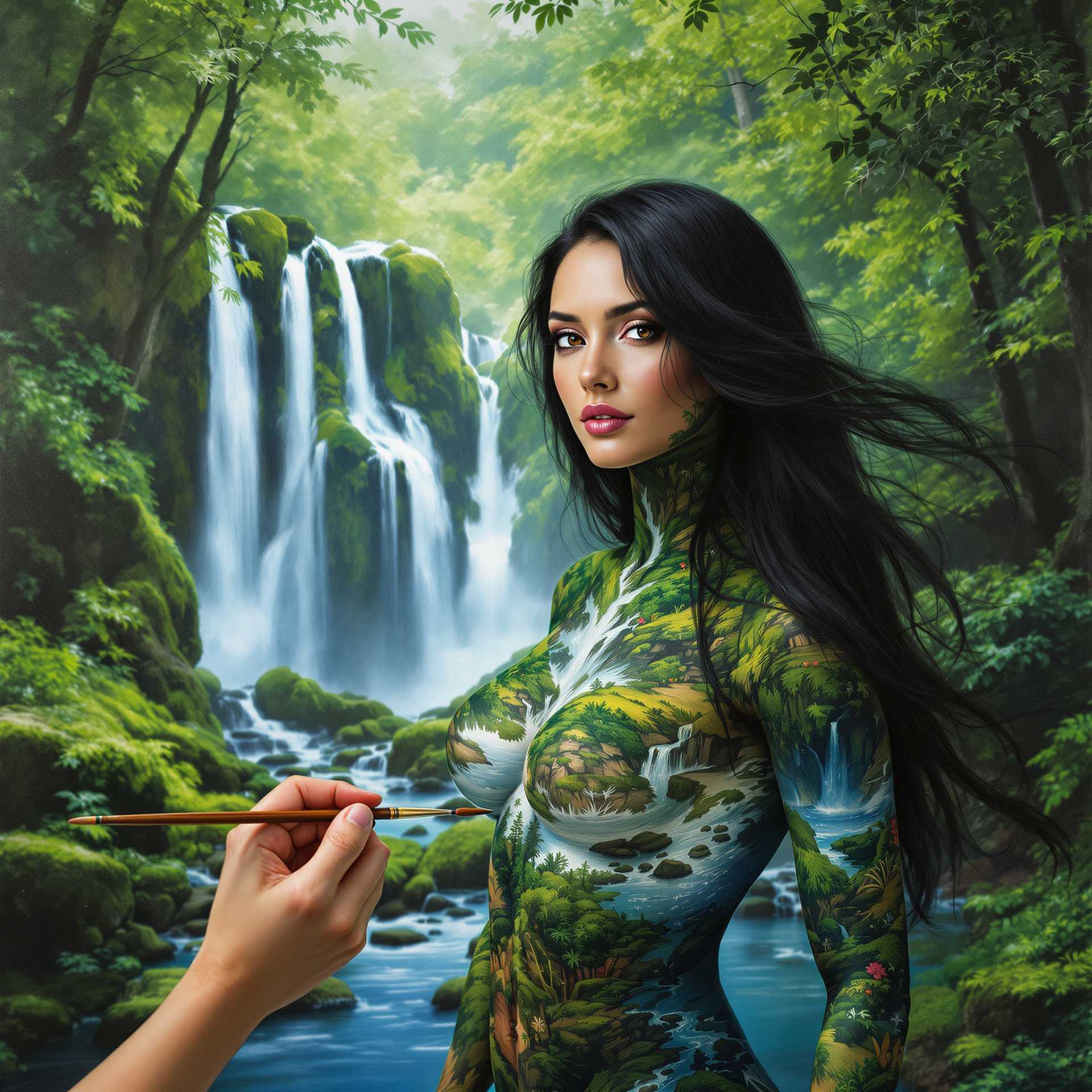 A stunning, mature woman stands in front of a lush forest scene, with a cascading waterfall in the background. Her body is adorned with intricate oil paints that depict the surrounding nature, seamlessly blending her into the verdant landscape. The painting on her body captures the vibrant greens of the forest, the glistening blues of the waterfall, and the rich textures of moss and foliage. Only her expressive eyes and flowing, black hair remain untouched by the paint, standing out vividly against her natural camouflage. The lighting is soft and diffused, as if filtered through a dense canopy of leaves, casting gentle shadows that enhance the depth of the painted scenery. The artistic style is hyper-realistic, with meticulous attention to detail and texture, making the painted elements nearly indistinguishable from the actual environment. The composition centers the woman, with a slightly elevated camera angle, giving a sense of immersion and intimacy in the serene, natural setting. The overall mood is one of tranquility and harmonious union with nature, evoking a timeless, magical atmosphere. Realsim in oil painting technique, intricate body art, natural landscape and serene atmosphere.  In the foreground of the picture, a woman's hand with a paintbrush adds to the painting on her body