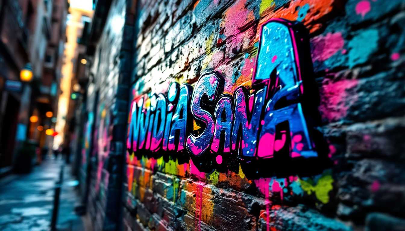 A close-up, high-resolution image of a weathered brick wall, textured with layers of urban grit and grime, in a bustling city alley. The wall is adorned with vibrant, expressive graffiti art featuring the words "Nvidia Sana" in bold, stylized letters. The graffiti uses a mix of vivid neon colors, with splashes of electric blue, vibrant pink, and luminescent green, contrasting against the dull, earthy tones of the bricks. The graffiti style is reminiscent of street art from the early 2000s, with a touch of futuristic elements, suggesting a cyberpunk influence. The composition captures the graffiti at an angle, showcasing the depth of the wall's texture and the three-dimensional effect of the spray paint. The lighting is harsh, with shadows cast by nearby buildings, creating a dramatic chiaroscuro effect. The atmosphere is raw and energetic, evoking a sense of urban vitality, with the time of day being late afternoon, where the sun's rays filter through the buildings, highlighting the graffiti's colors. The focus is sharp on the graffiti, with a shallow depth of field blurring the background slightly, emphasizing the artwork's prominence.