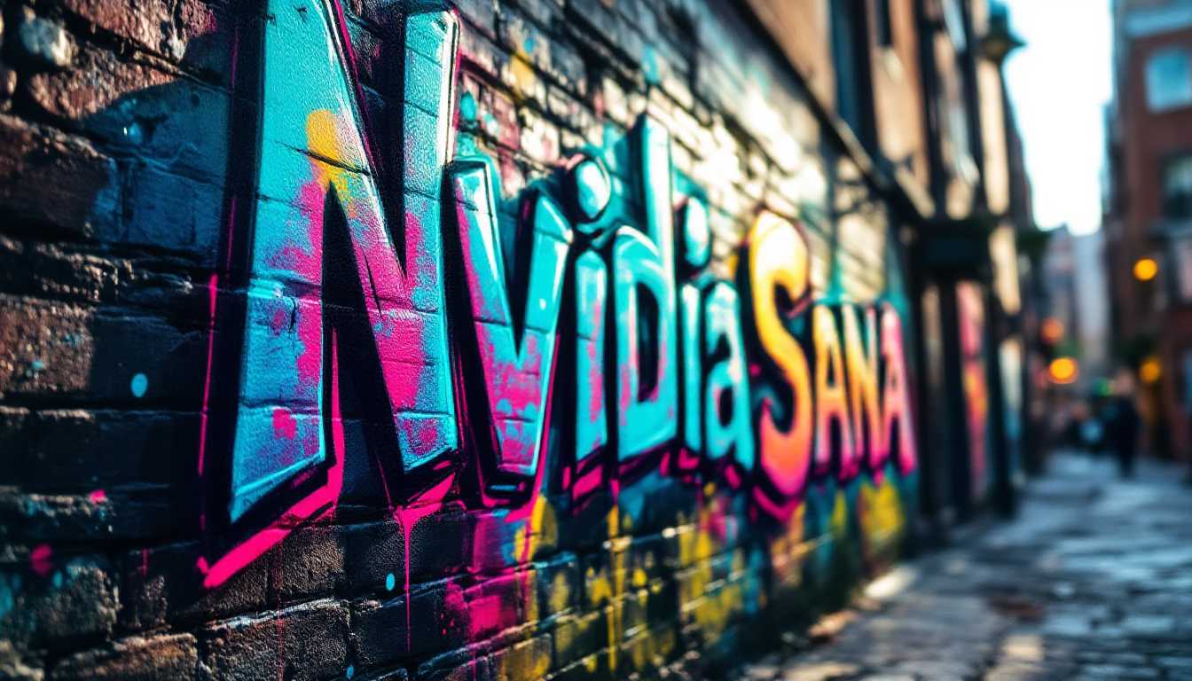 A close-up, high-resolution image of a weathered brick wall, textured with layers of urban grit and grime, in a bustling city alley. The wall is adorned with vibrant, expressive graffiti art featuring the words "Nvidia Sana" in bold, stylized letters. The graffiti uses a mix of vivid neon colors, with splashes of electric blue, vibrant pink, and luminescent green, contrasting against the dull, earthy tones of the bricks. The graffiti style is reminiscent of street art from the early 2000s, with a touch of futuristic elements, suggesting a cyberpunk influence. The composition captures the graffiti at an angle, showcasing the depth of the wall's texture and the three-dimensional effect of the spray paint. The lighting is harsh, with shadows cast by nearby buildings, creating a dramatic chiaroscuro effect. The atmosphere is raw and energetic, evoking a sense of urban vitality, with the time of day being late afternoon, where the sun's rays filter through the buildings, highlighting the graffiti's colors. The focus is sharp on the graffiti, with a shallow depth of field blurring the background slightly, emphasizing the artwork's prominence.