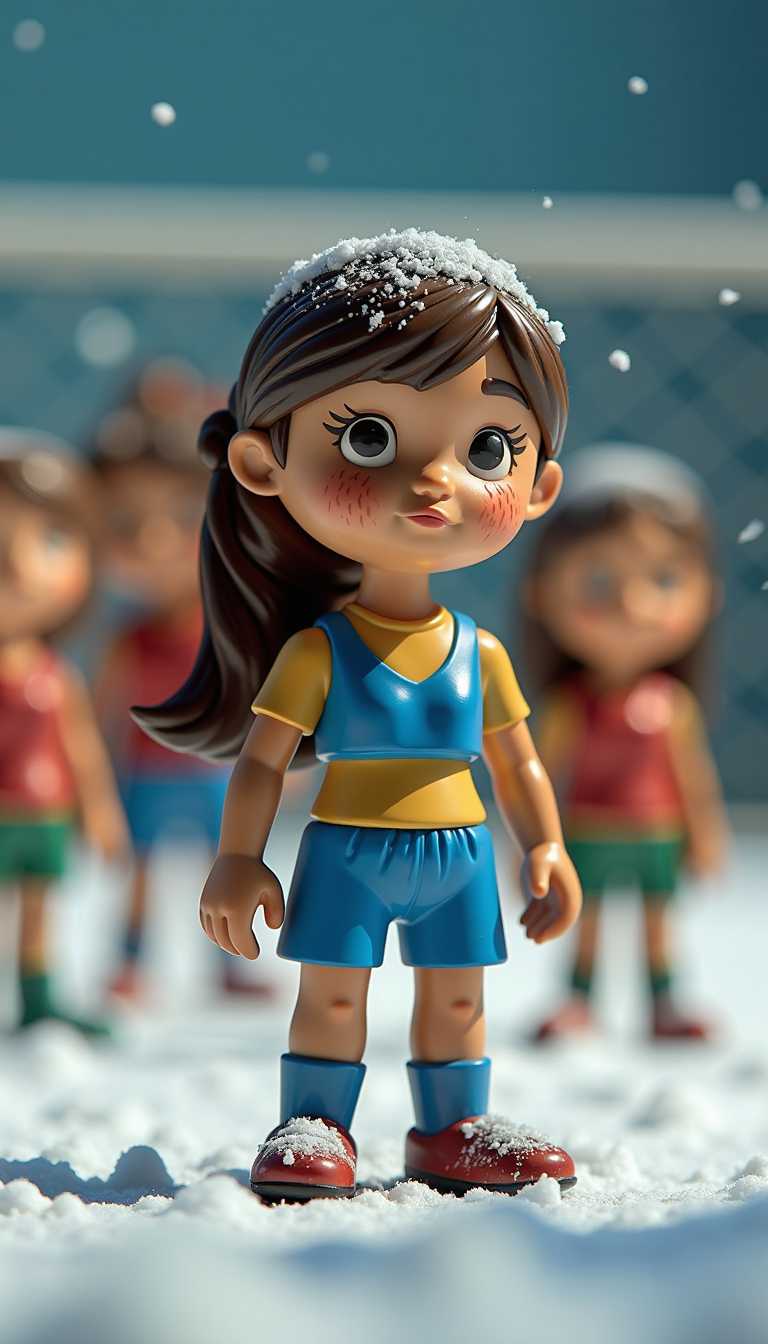 3d cartoon wooden characters painted with glossy paint. Toy diorama. dramatic lighting. girl wearing a soccer player outfit, blue sports bra, portrait shot, looking at viewer, outdoor football field, exhausted and sweaty, intricate details, snow, xmas