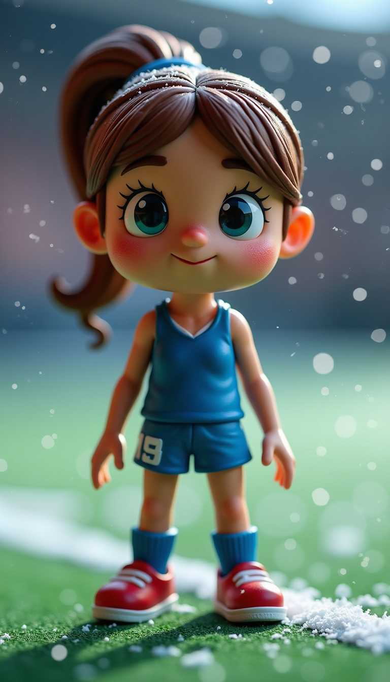 Claymation. Toy diorama. dramatic lighting. girl wearing a soccer player outfit, blue sports bra, portrait shot, looking at viewer, outdoor football field, exhausted and sweaty, intricate details, snow, xmas