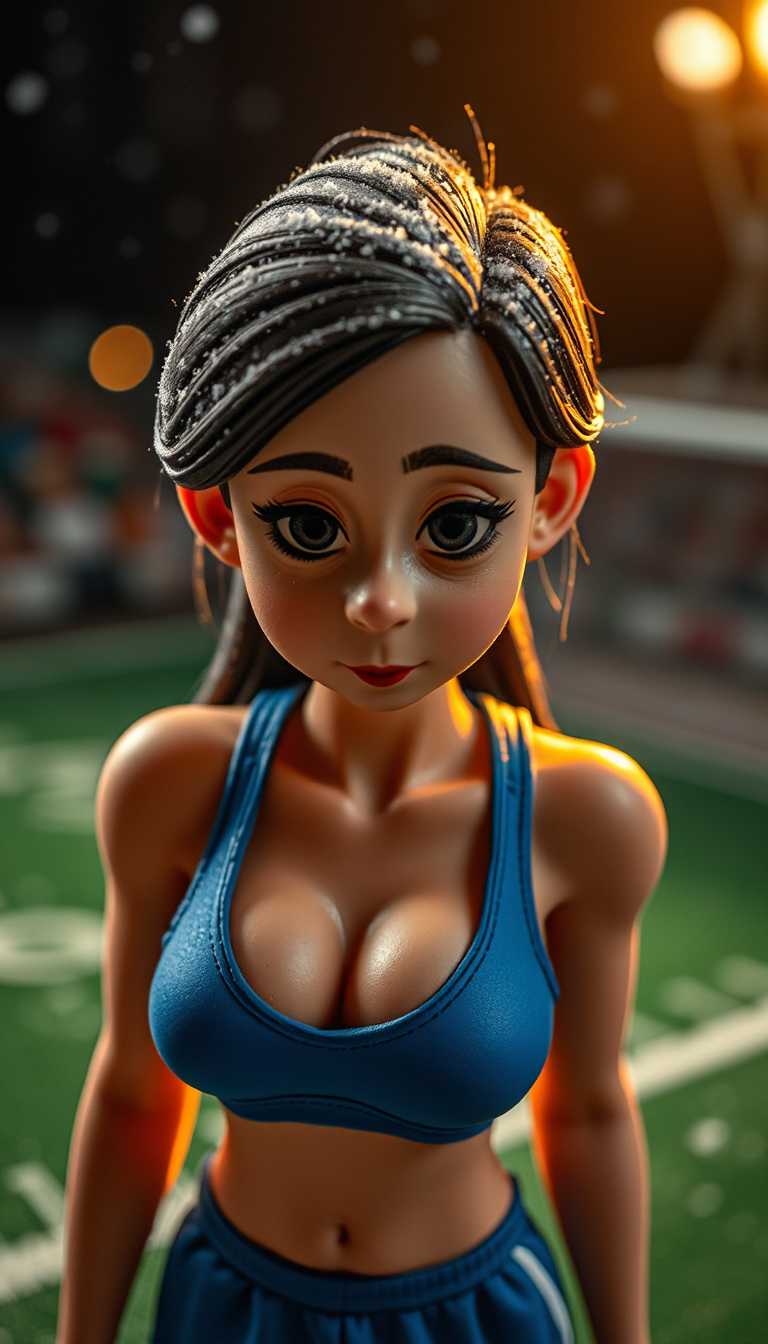 Claymation. Toy diorama. dramatic lighting. girl wearing a soccer player outfit, blue sports bra, portrait shot, looking at viewer, outdoor football field, exhausted and sweaty, intricate details, snow, xmas