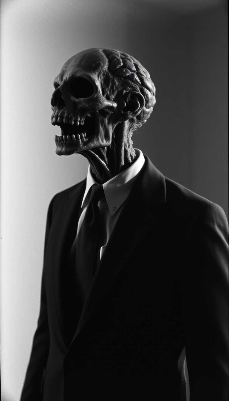 This is a black and white still from a film, capturing a scene that is both haunting and surreal. The art style is reminiscent of mid20th century horror cinema, with a focus on stark contrasts and dramatic lighting that casts deep shadows and highlights textures and forms.The medium appears to be a still from a 35mm film, given the graininess and the way the light plays across the surface of the image. The colors are limited to black and white, which adds to the timeless and eerie quality of the scene.The objects in the image are quite sparse, but they are carefully chosen to contribute to the overall atmosphere. The subject of the image is a figure dressed in a dark, formal suit with a white shirt and tie. The suit jacket is slightly open, revealing the figures neck and upper chest. The figures head is missing, replaced by a grotesque, distorted appendage that resembles a melting face, with exposed brain matter and a gaping mouth. This appendage is attached to the neck, and its positioned in such a way that it seems to be speaking or shouting.The background is dark and nondescript, with a focus on the figure and the textures of the suit and the appendage. Theres a sense of decay and rot, as evidenced by the way the flesh on the appendage is peeling away and the bones are visible underneath. The lighting is dramatic, with a chiaroscuro effect that emphasizes the contours and the textures of the figure and the suit.Overall, the image is a chilling portrayal of horror and the macabre, with a focus on the human form twisted and corrupted. The stillness of the image and the absence of movement add to the sense of dread and unease.