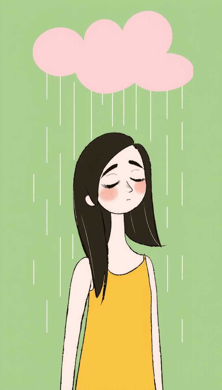 The colors in the image are soft and muted, with a predominance of greens, yellows, and browns. The background is a gradient of green hues that give the impression of a rainy sky. The clouds are depicted in a simple, cartoonish manner, with rounded edges and a light pink color that stands out against the green backdrop.The figure in the center of the image is a stylized representation of a person. The head is large in proportion to the body, with a simple, ovalshaped face that is mostly white with a touch of green on the cheeks. The eyes are closed, and the eyebrows are drawn in a straight line, giving the figure a peaceful or perhaps melancholic expression. The hair is long and dark, with a few strands falling over the shoulders. The figure is wearing a simple, sleeveless top that matches the color of the background.The rain is depicted as a series of vertical, white lines that fall from the clouds above. The raindrops are not detailed, but their uniformity and the way they cascade down the figures hair and shoulders give the impression of a gentle, steady rain.